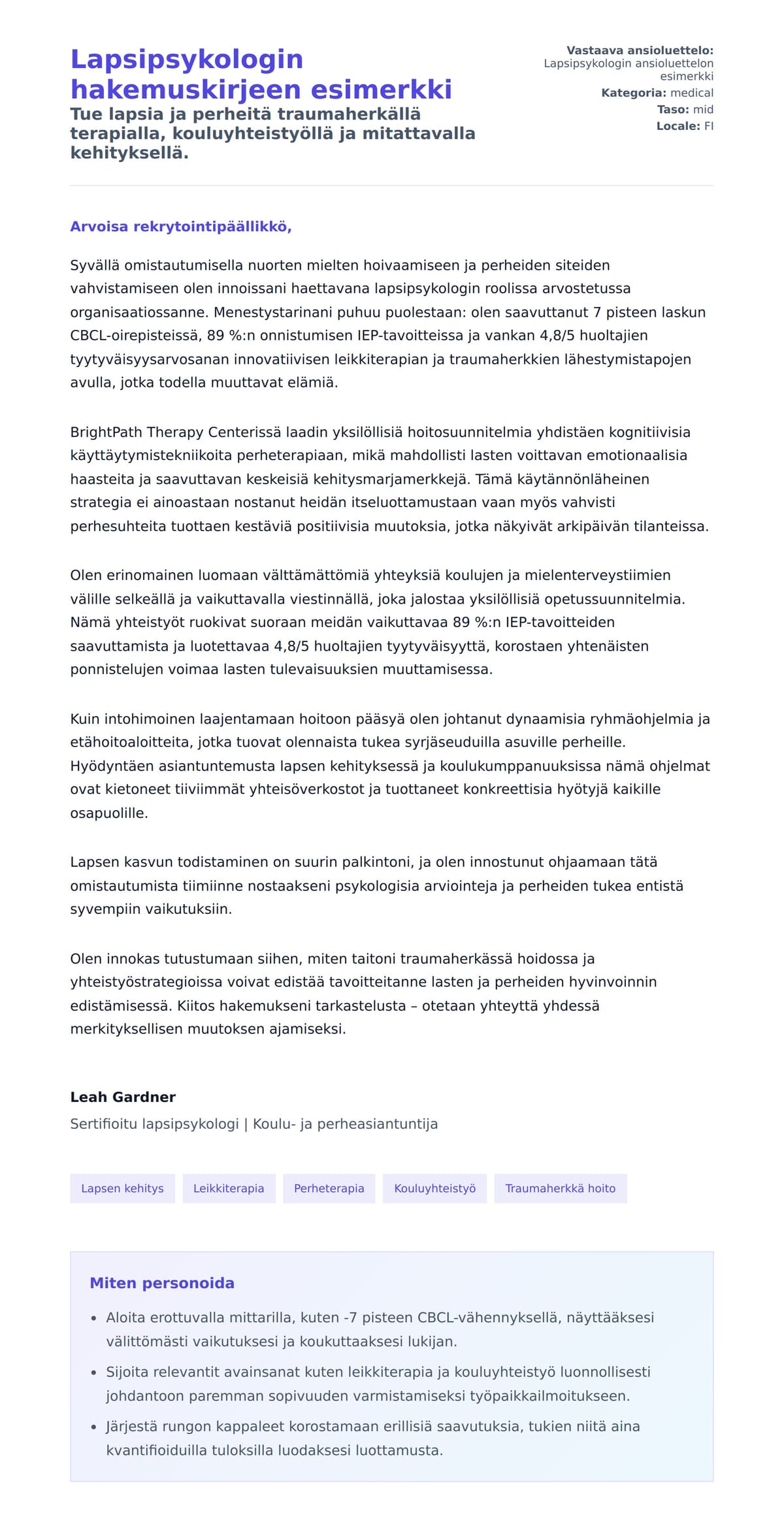 Työhakemuskirjeen esikatselu kohteelle Lapsipsykologin hakemuskirjeen esimerkki