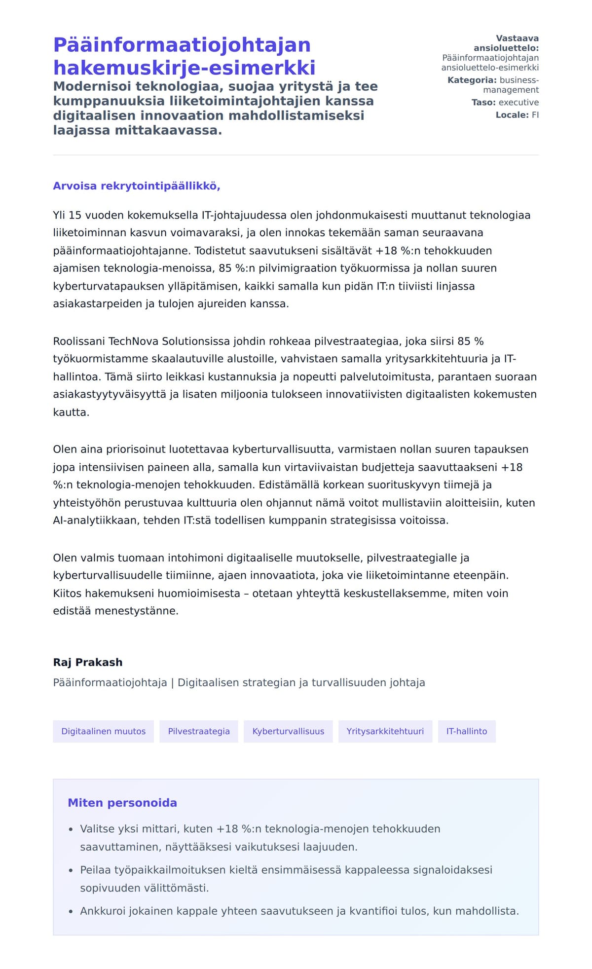 Työhakemuskirjeen esikatselu kohteelle Pääinformaatiojohtajan hakemuskirje-esimerkki