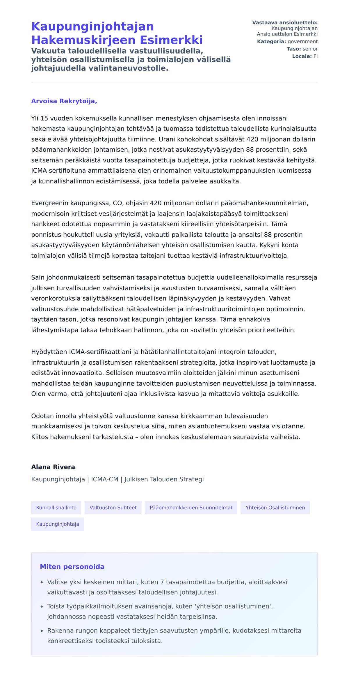 Työhakemuskirjeen esikatselu kohteelle Kaupunginjohtajan Hakemuskirjeen Esimerkki