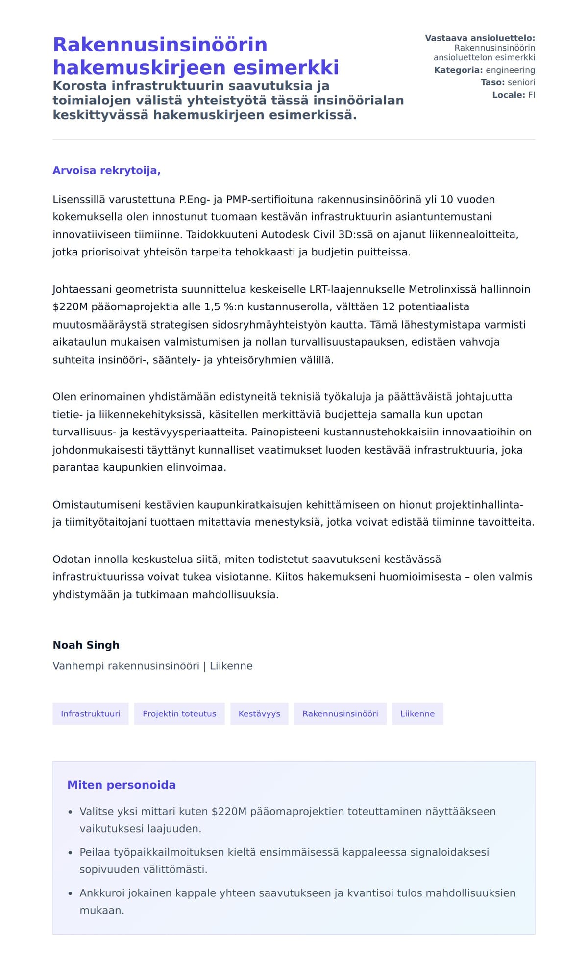 Työhakemuskirjeen esikatselu kohteelle Rakennusinsinöörin hakemuskirjeen esimerkki