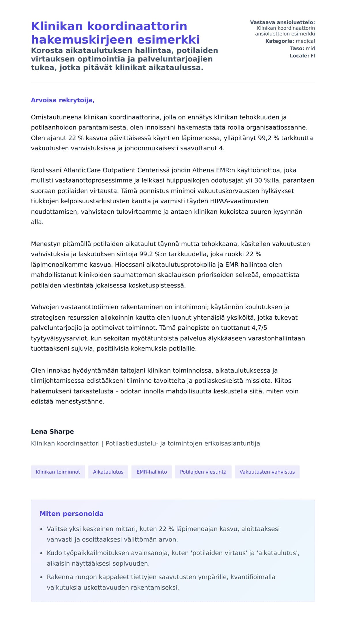 Työhakemuskirjeen esikatselu kohteelle Klinikan koordinaattorin hakemuskirjeen esimerkki