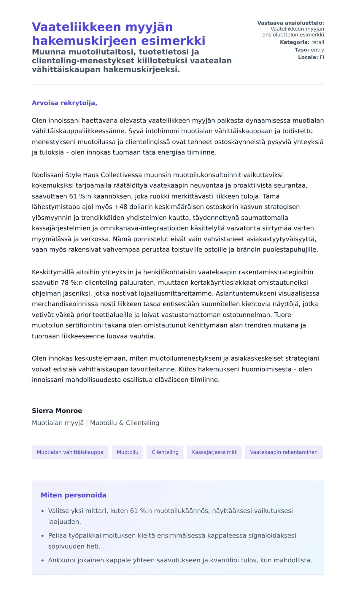 Työhakemuskirjeen esikatselu kohteelle Vaateliikkeen myyjän hakemuskirjeen esimerkki