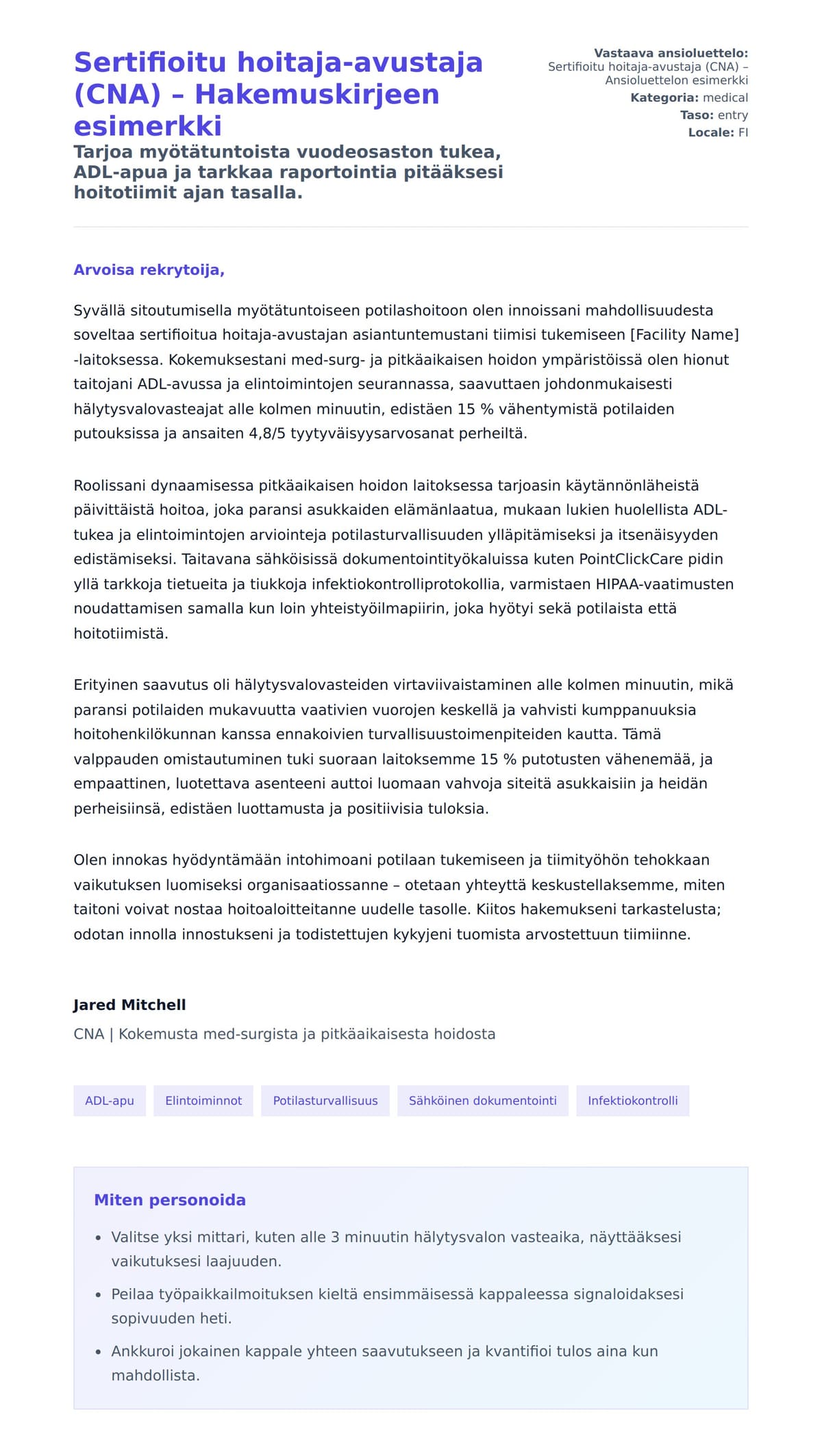 Työhakemuskirjeen esikatselu kohteelle Sertifioitu hoitaja-avustaja (CNA) – Hakemuskirjeen esimerkki