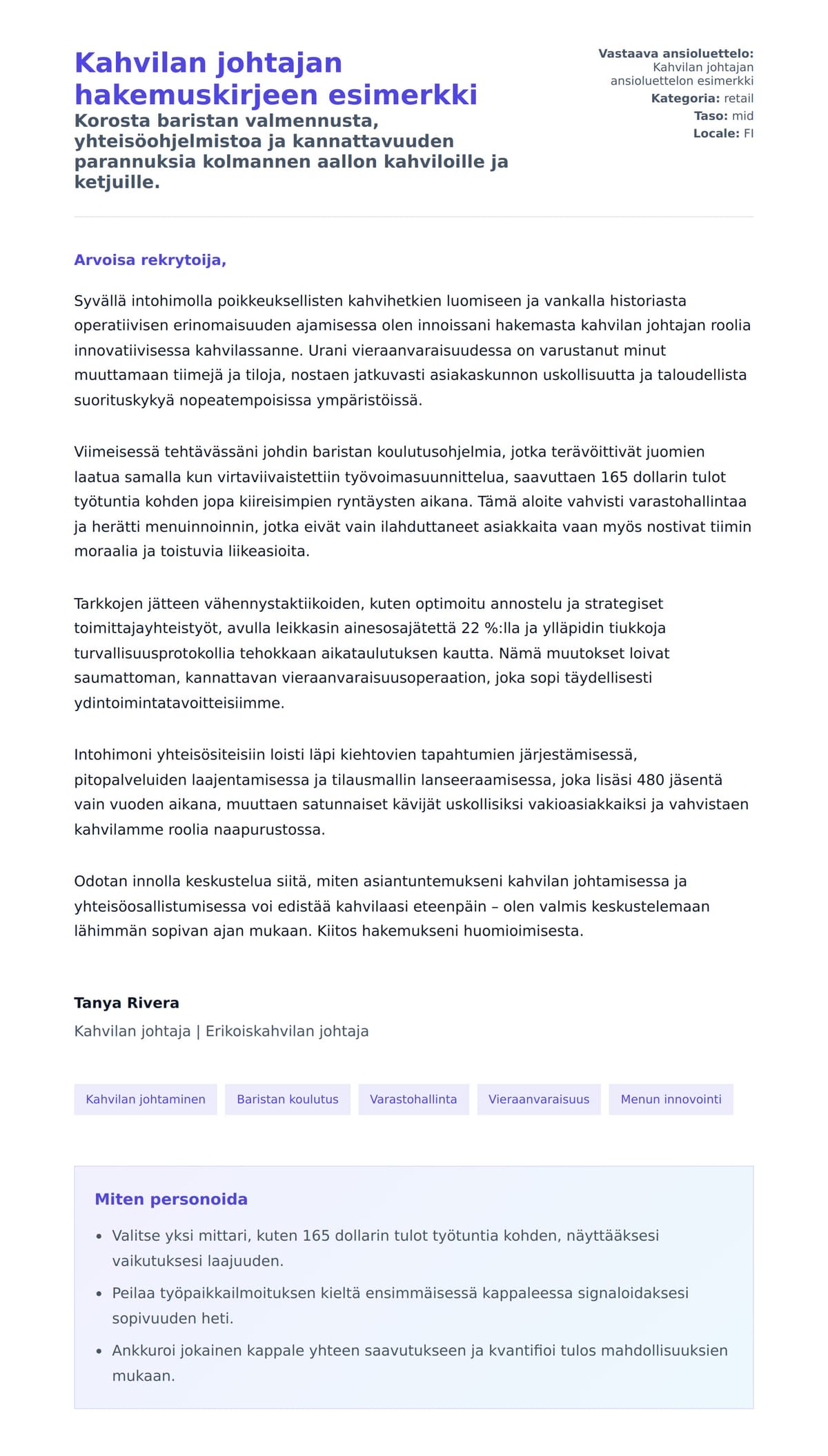 Työhakemuskirjeen esikatselu kohteelle Kahvilan johtajan hakemuskirjeen esimerkki