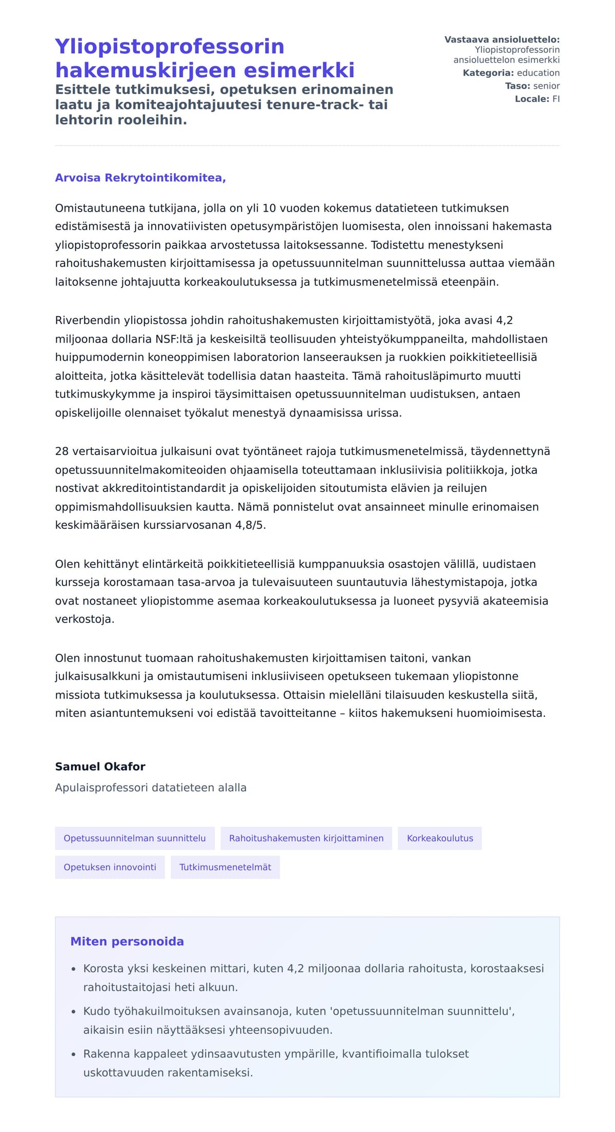 Työhakemuskirjeen esikatselu kohteelle Yliopistoprofessorin hakemuskirjeen esimerkki