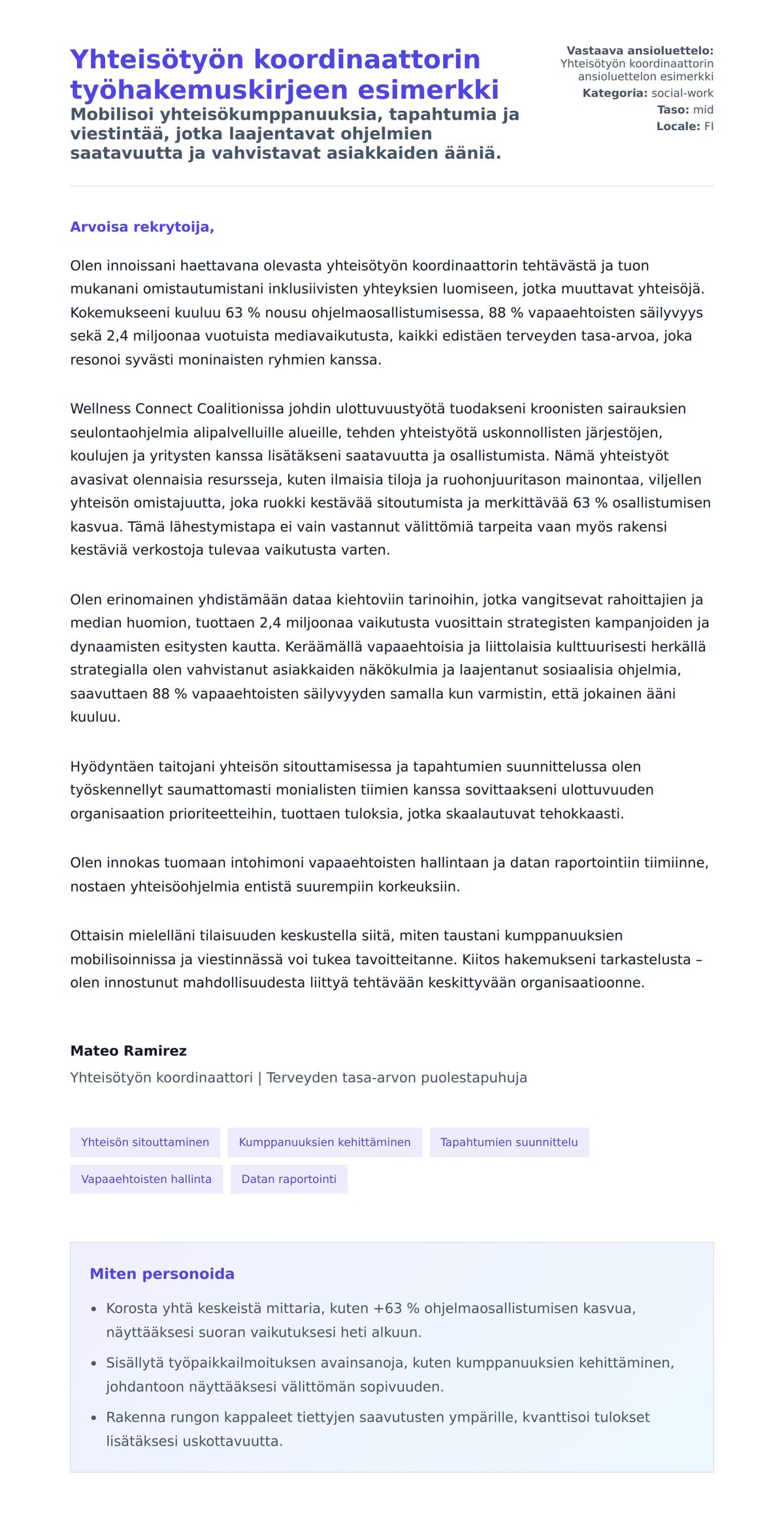 Työhakemuskirjeen esikatselu kohteelle Yhteisötyön koordinaattorin työhakemuskirjeen esimerkki