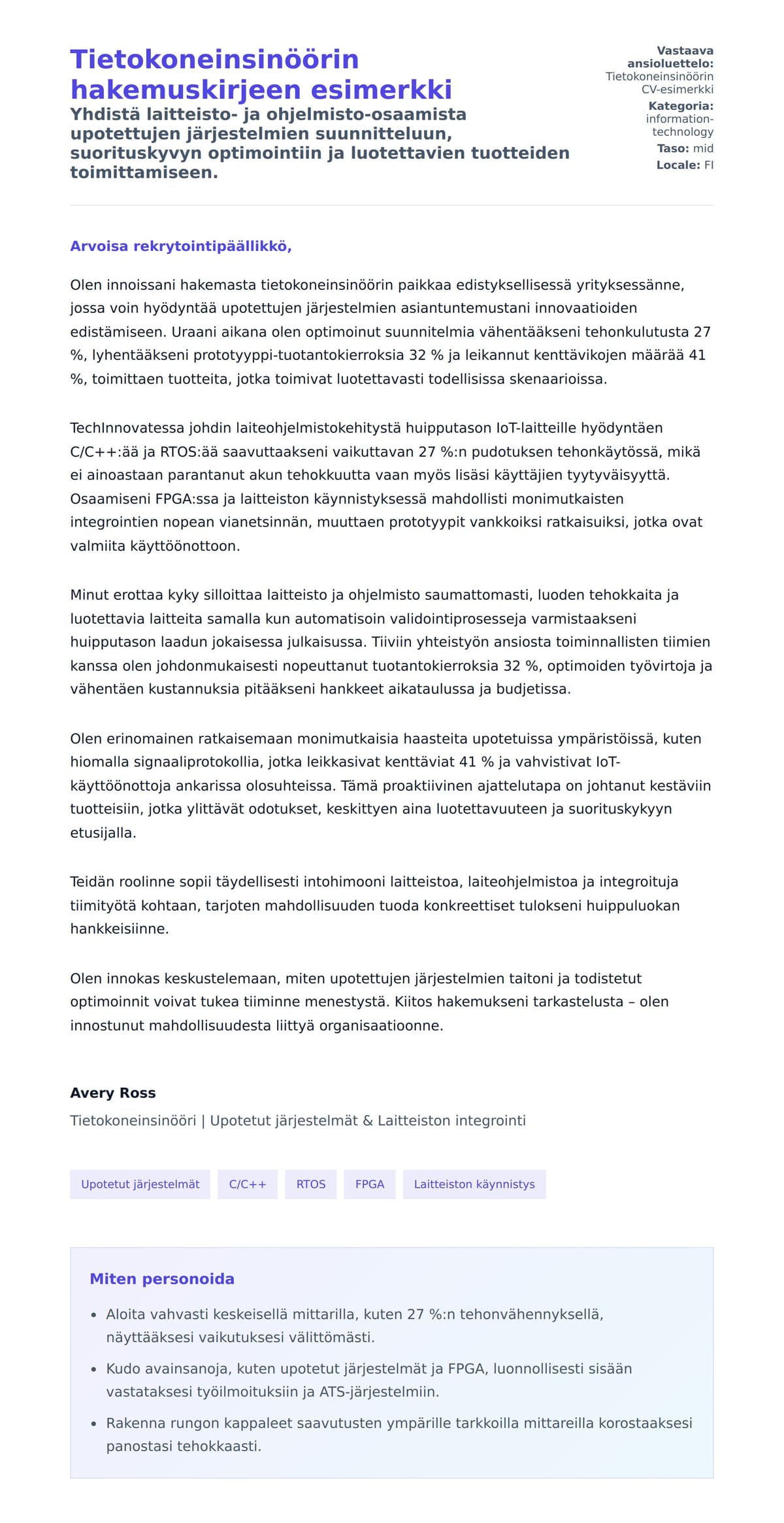 Työhakemuskirjeen esikatselu kohteelle Tietokoneinsinöörin hakemuskirjeen esimerkki