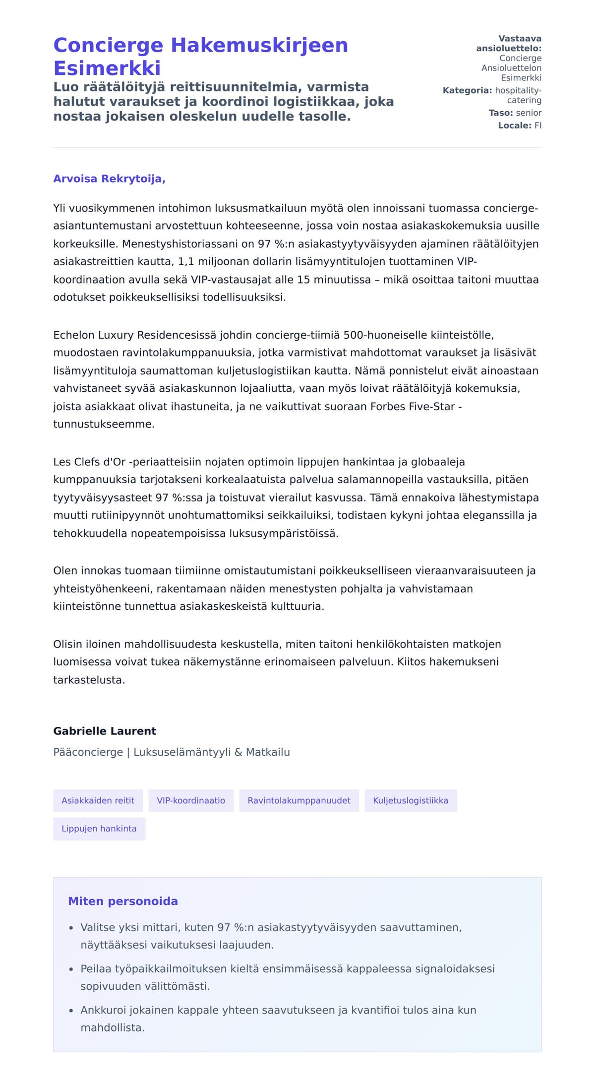 Työhakemuskirjeen esikatselu kohteelle Concierge Hakemuskirjeen Esimerkki