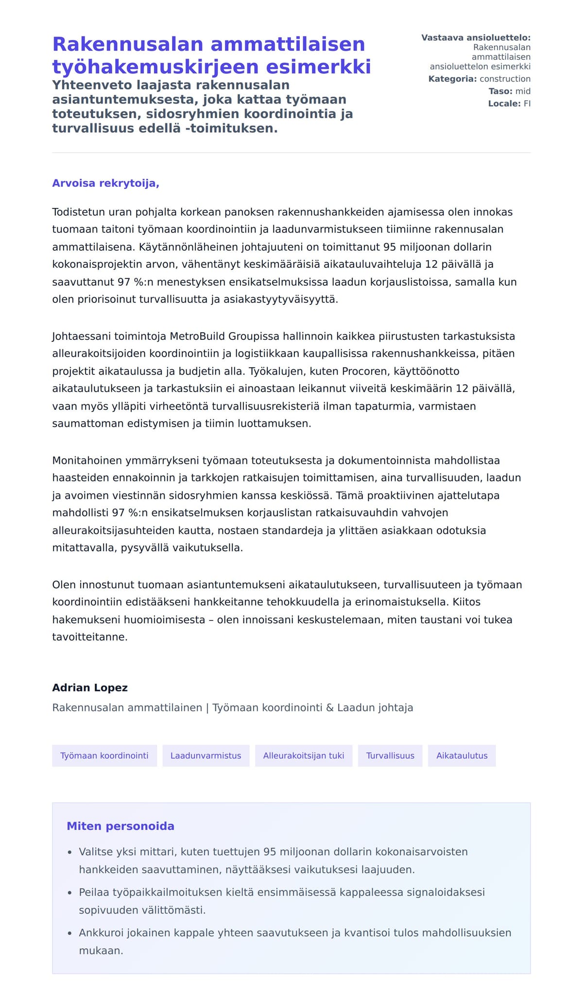 Työhakemuskirjeen esikatselu kohteelle Rakennusalan ammattilaisen työhakemuskirjeen esimerkki