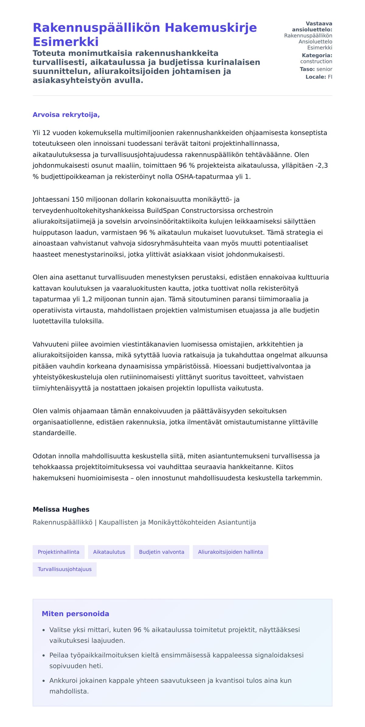 Työhakemuskirjeen esikatselu kohteelle Rakennuspäällikön Hakemuskirje Esimerkki