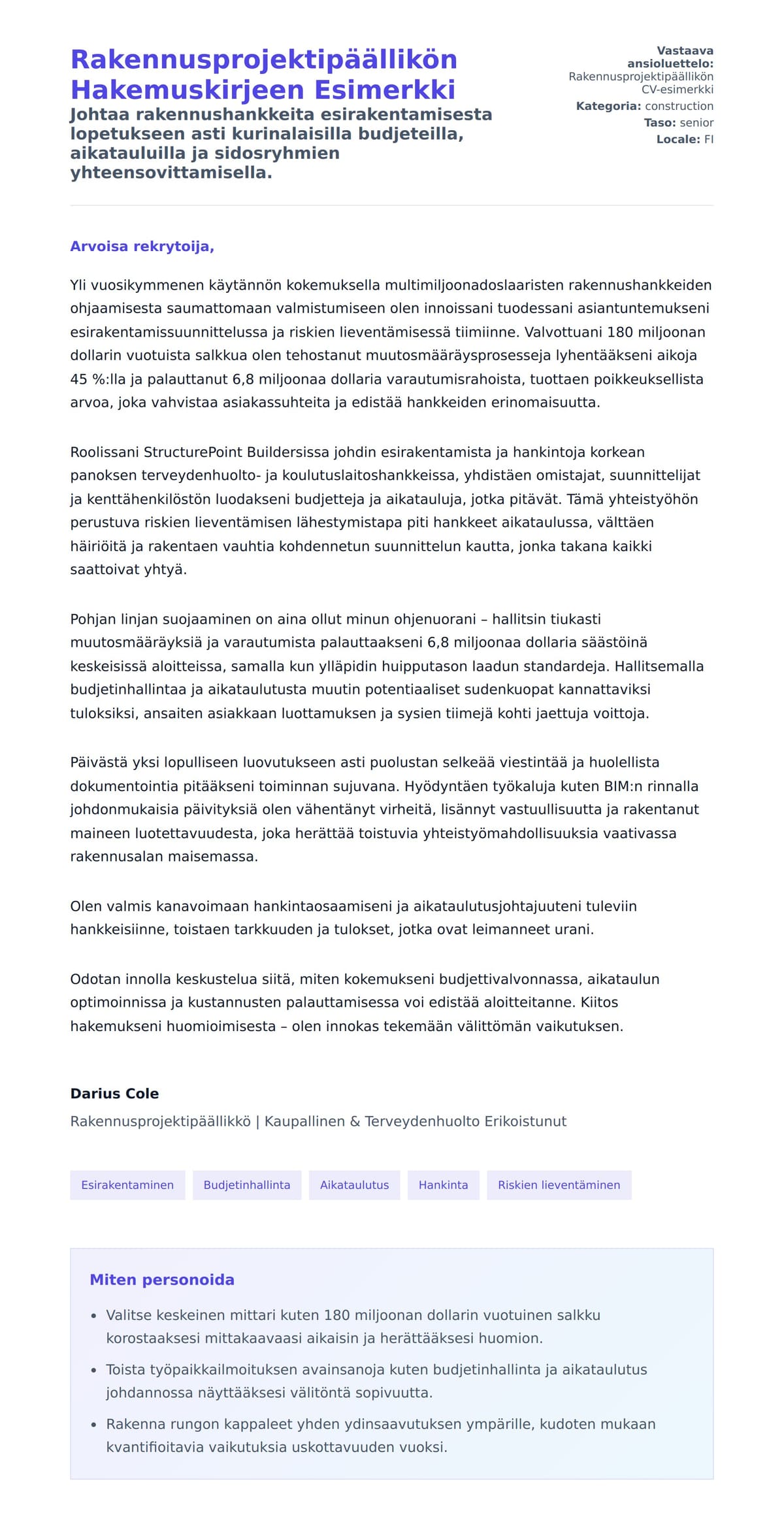 Työhakemuskirjeen esikatselu kohteelle Rakennusprojektipäällikön Hakemuskirjeen Esimerkki