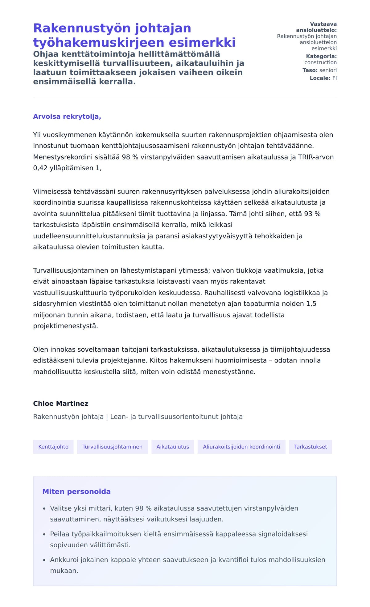 Työhakemuskirjeen esikatselu kohteelle Rakennustyön johtajan työhakemuskirjeen esimerkki