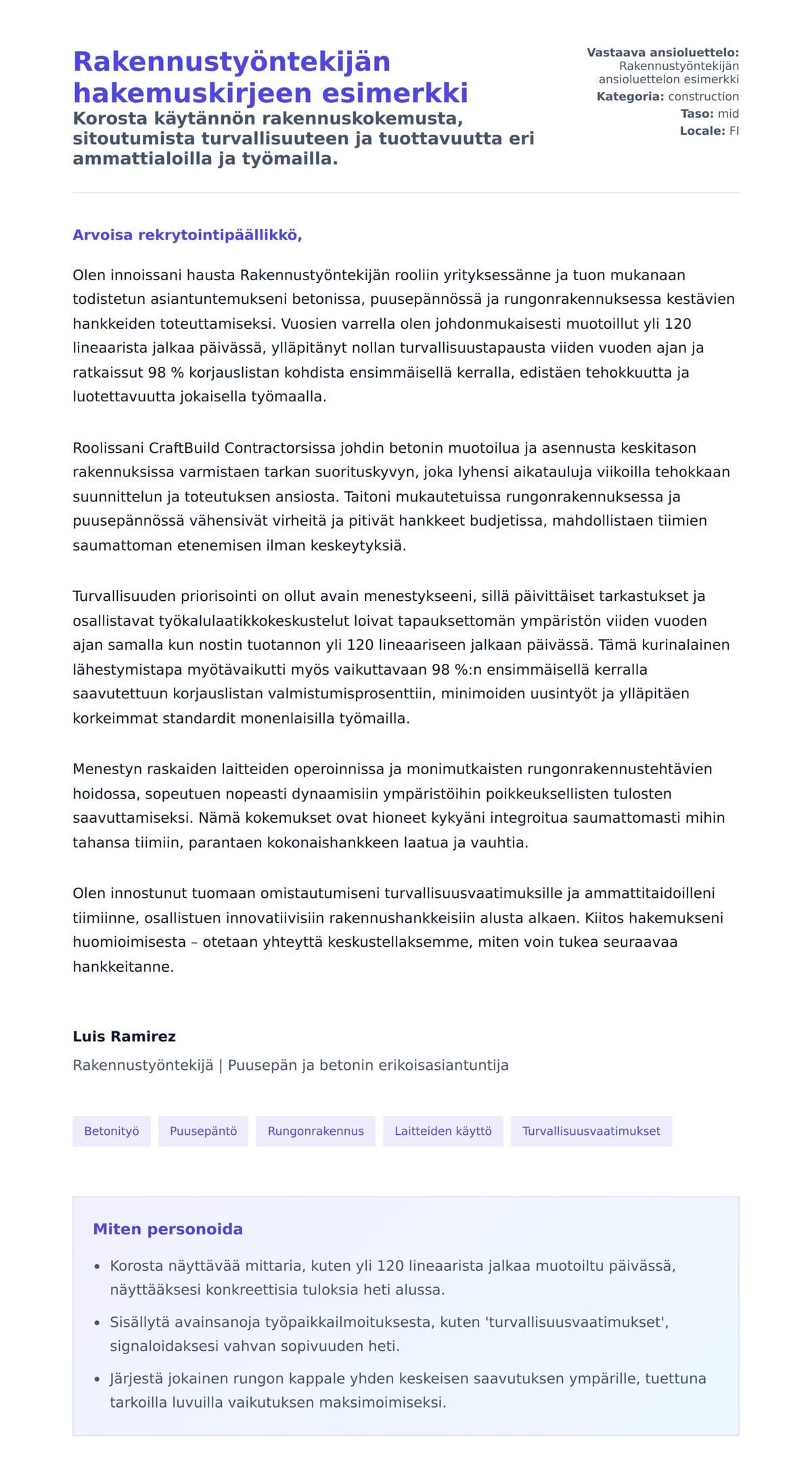 Työhakemuskirjeen esikatselu kohteelle Rakennustyöntekijän hakemuskirjeen esimerkki