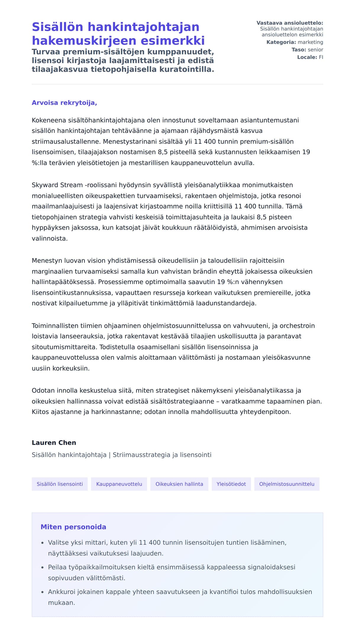 Työhakemuskirjeen esikatselu kohteelle Sisällön hankintajohtajan hakemuskirjeen esimerkki