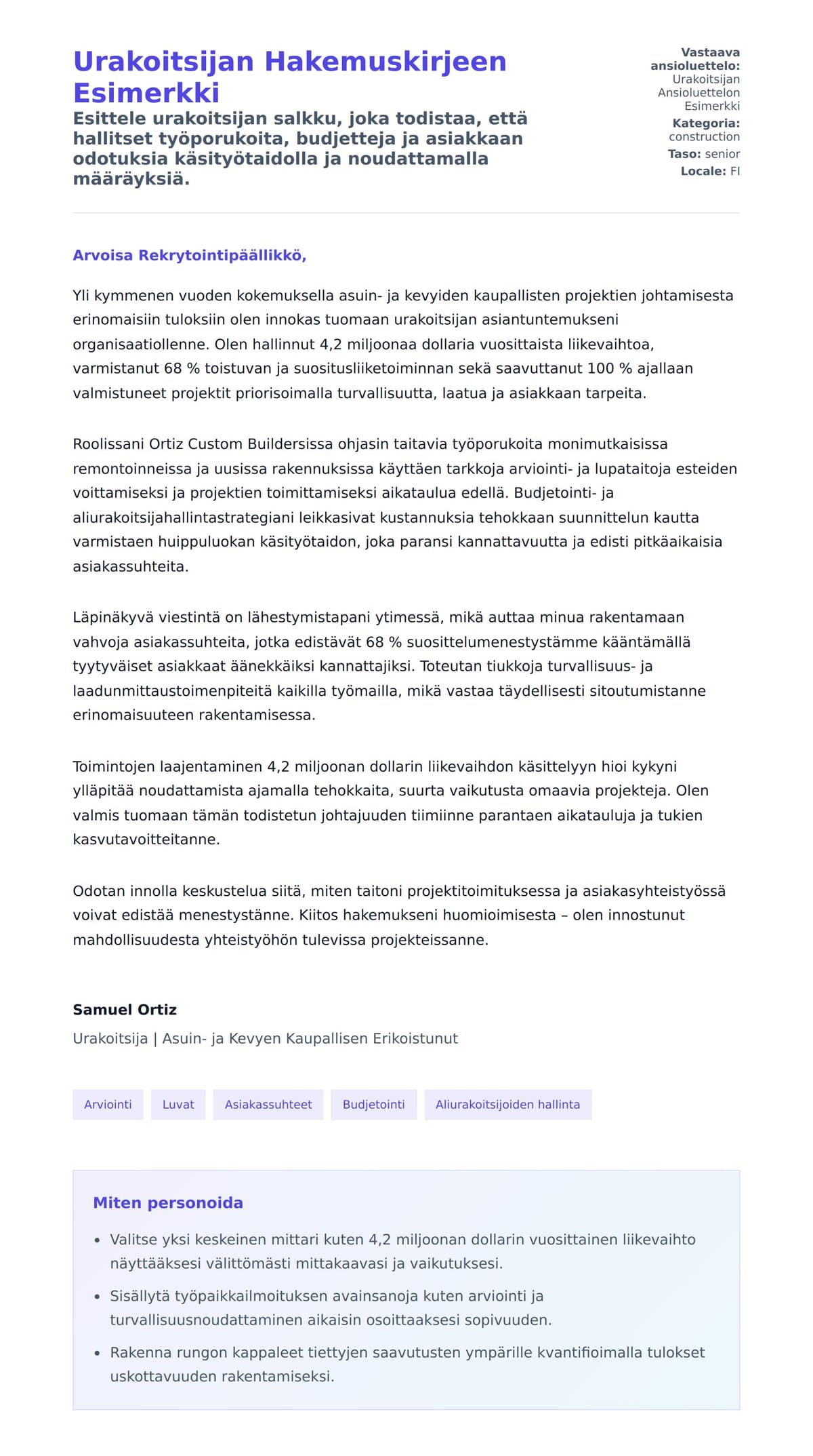 Työhakemuskirjeen esikatselu kohteelle Urakoitsijan Hakemuskirjeen Esimerkki