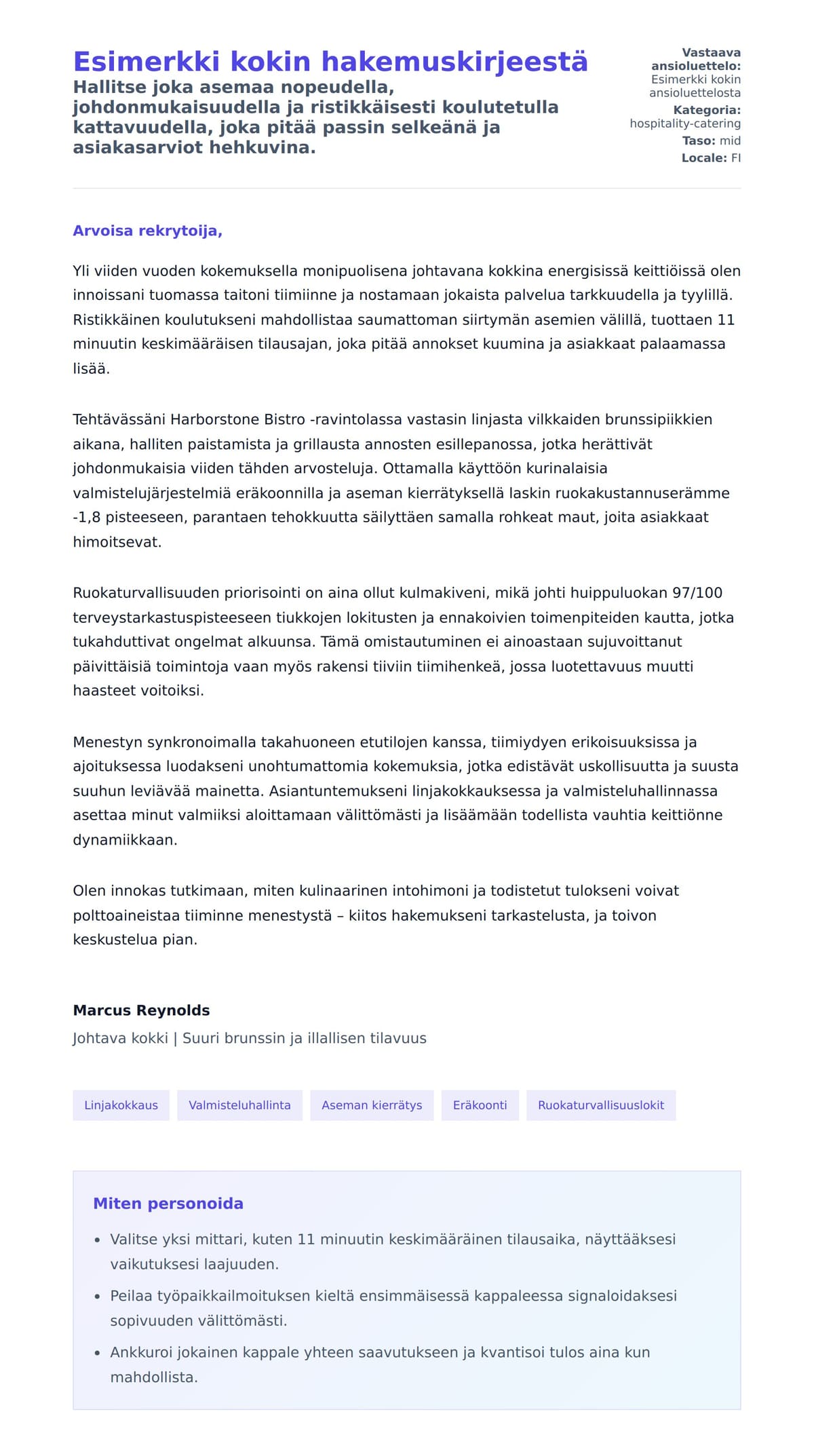 Työhakemuskirjeen esikatselu kohteelle Esimerkki kokin hakemuskirjeestä