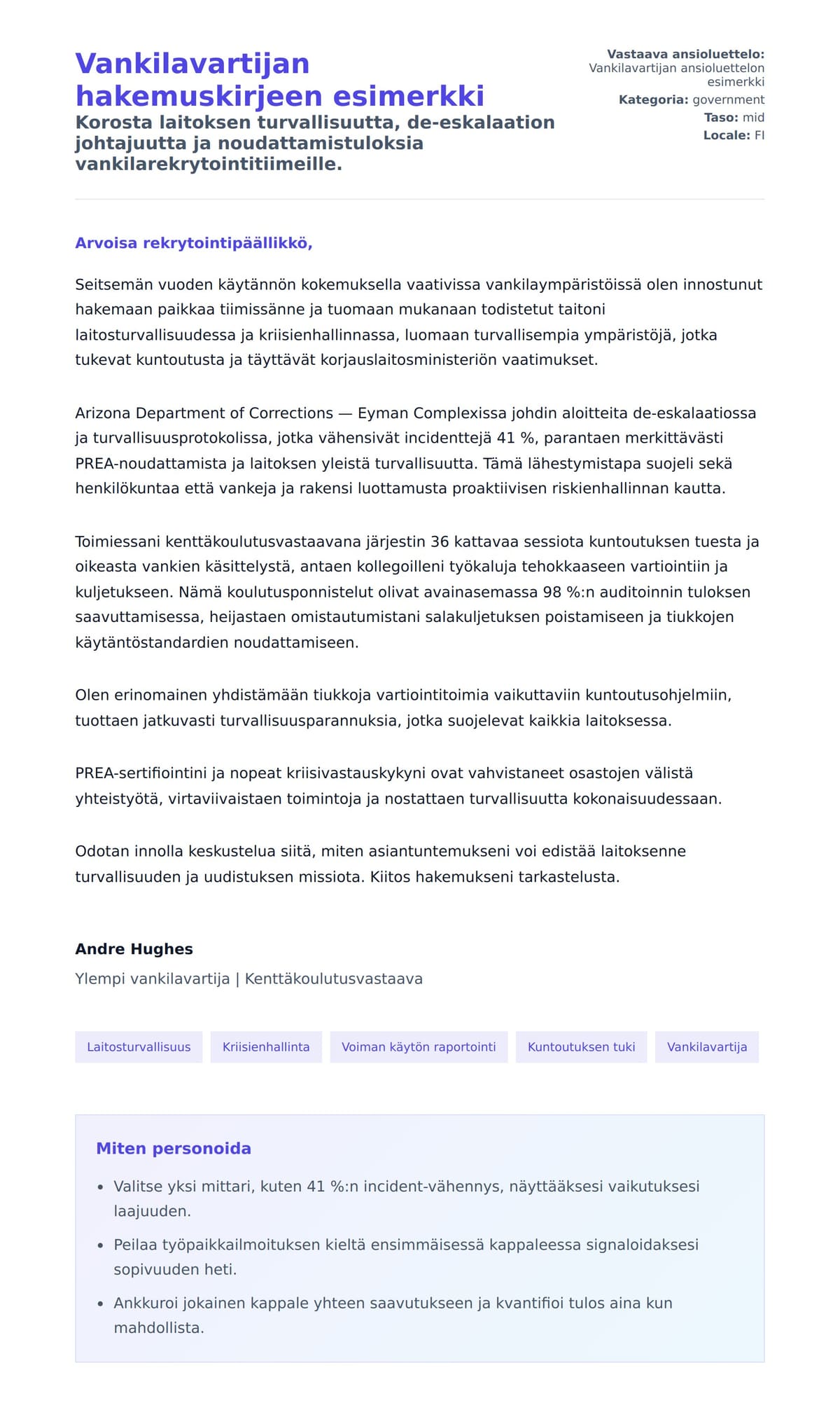 Työhakemuskirjeen esikatselu kohteelle Vankilavartijan hakemuskirjeen esimerkki
