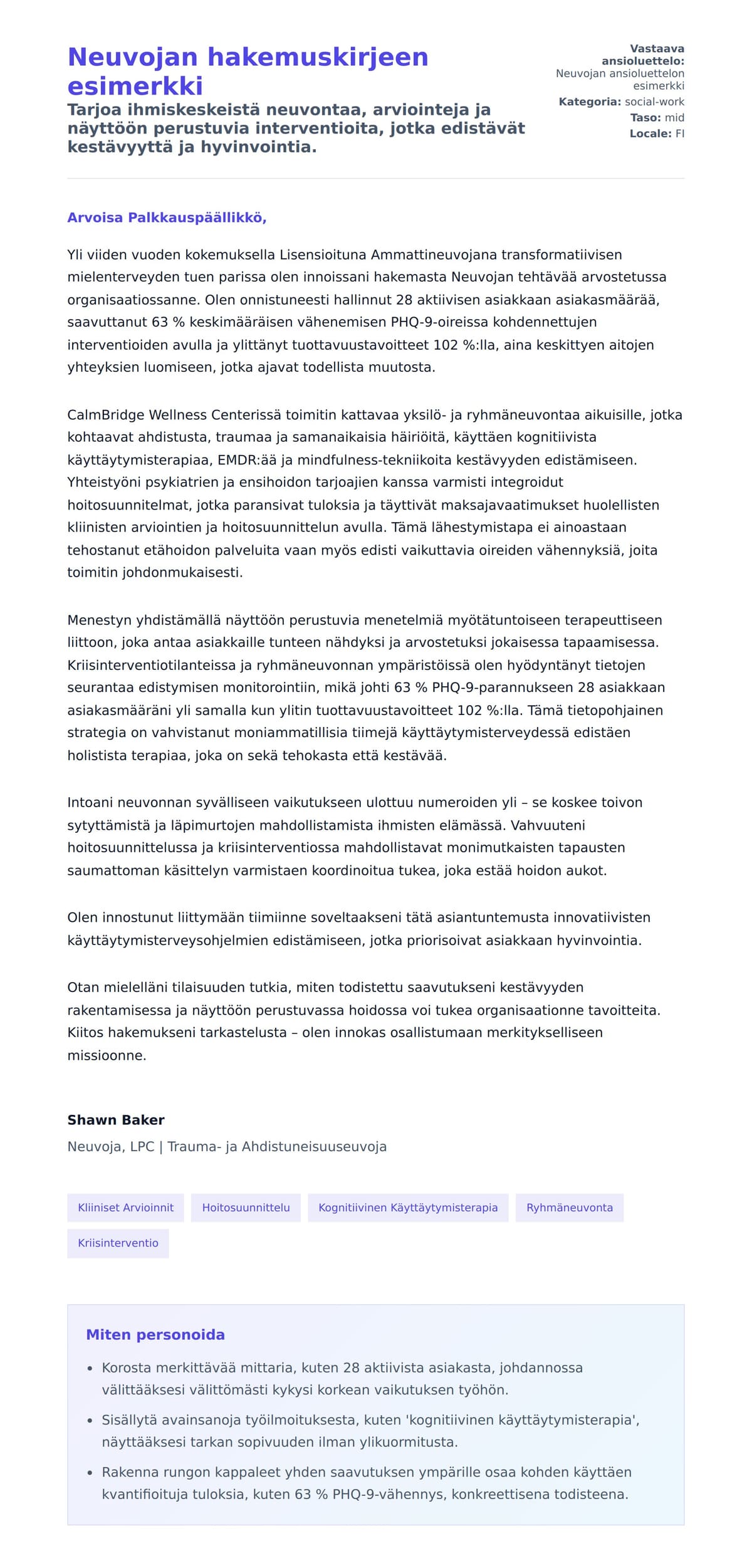 Työhakemuskirjeen esikatselu kohteelle Neuvojan hakemuskirjeen esimerkki