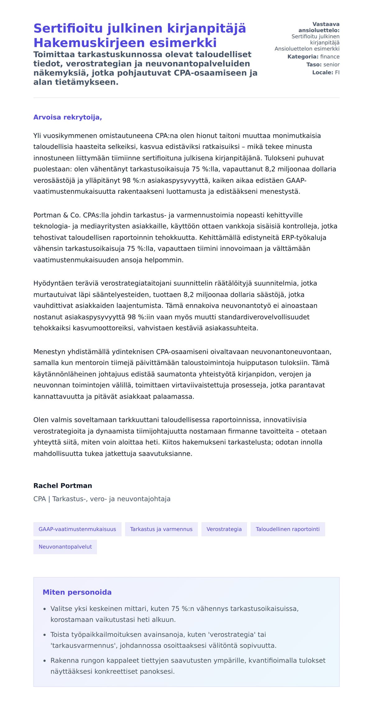 Työhakemuskirjeen esikatselu kohteelle Sertifioitu julkinen kirjanpitäjä Hakemuskirjeen esimerkki