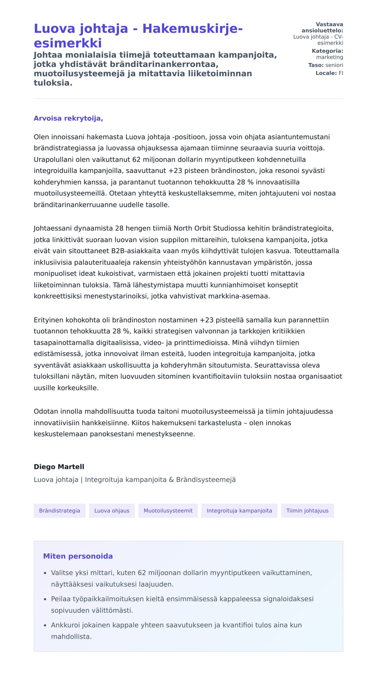 Työhakemuskirjeen esikatselu kohteelle Luova johtaja - Hakemuskirje-esimerkki
