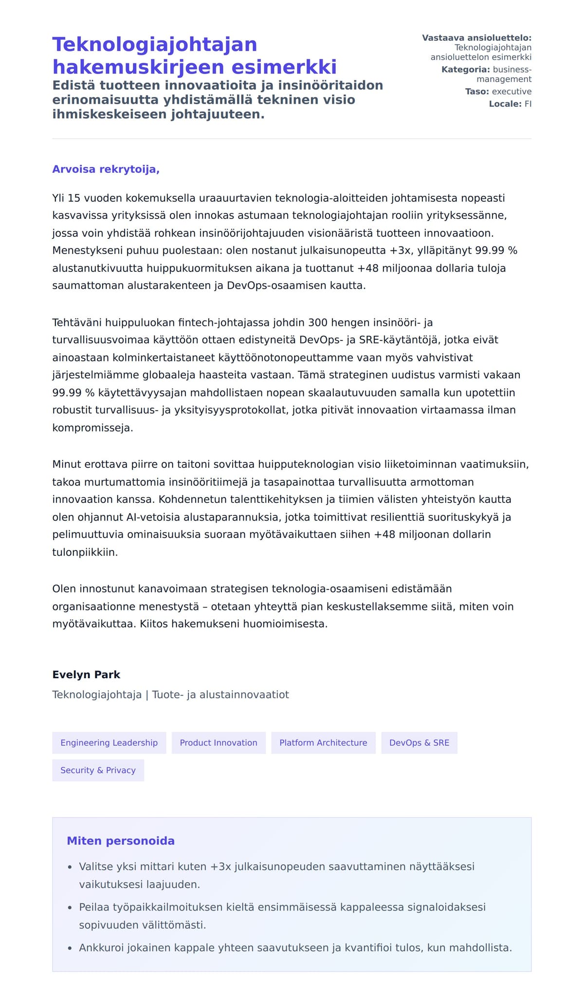 Työhakemuskirjeen esikatselu kohteelle Teknologiajohtajan hakemuskirjeen esimerkki