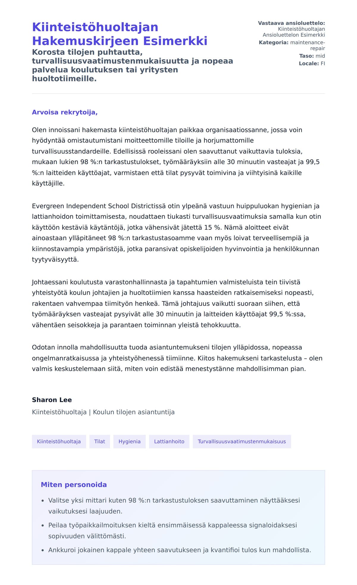Työhakemuskirjeen esikatselu kohteelle Kiinteistöhuoltajan Hakemuskirjeen Esimerkki