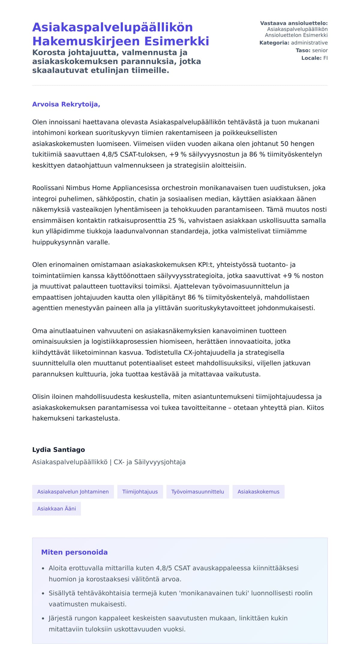 Työhakemuskirjeen esikatselu kohteelle Asiakaspalvelupäällikön Hakemuskirjeen Esimerkki