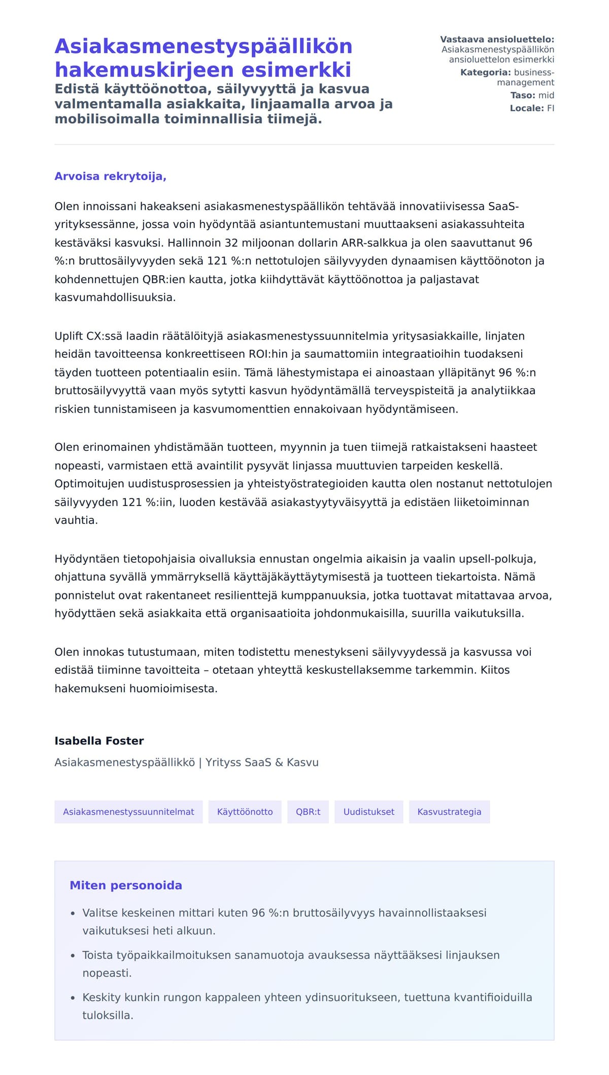 Työhakemuskirjeen esikatselu kohteelle Asiakasmenestyspäällikön hakemuskirjeen esimerkki