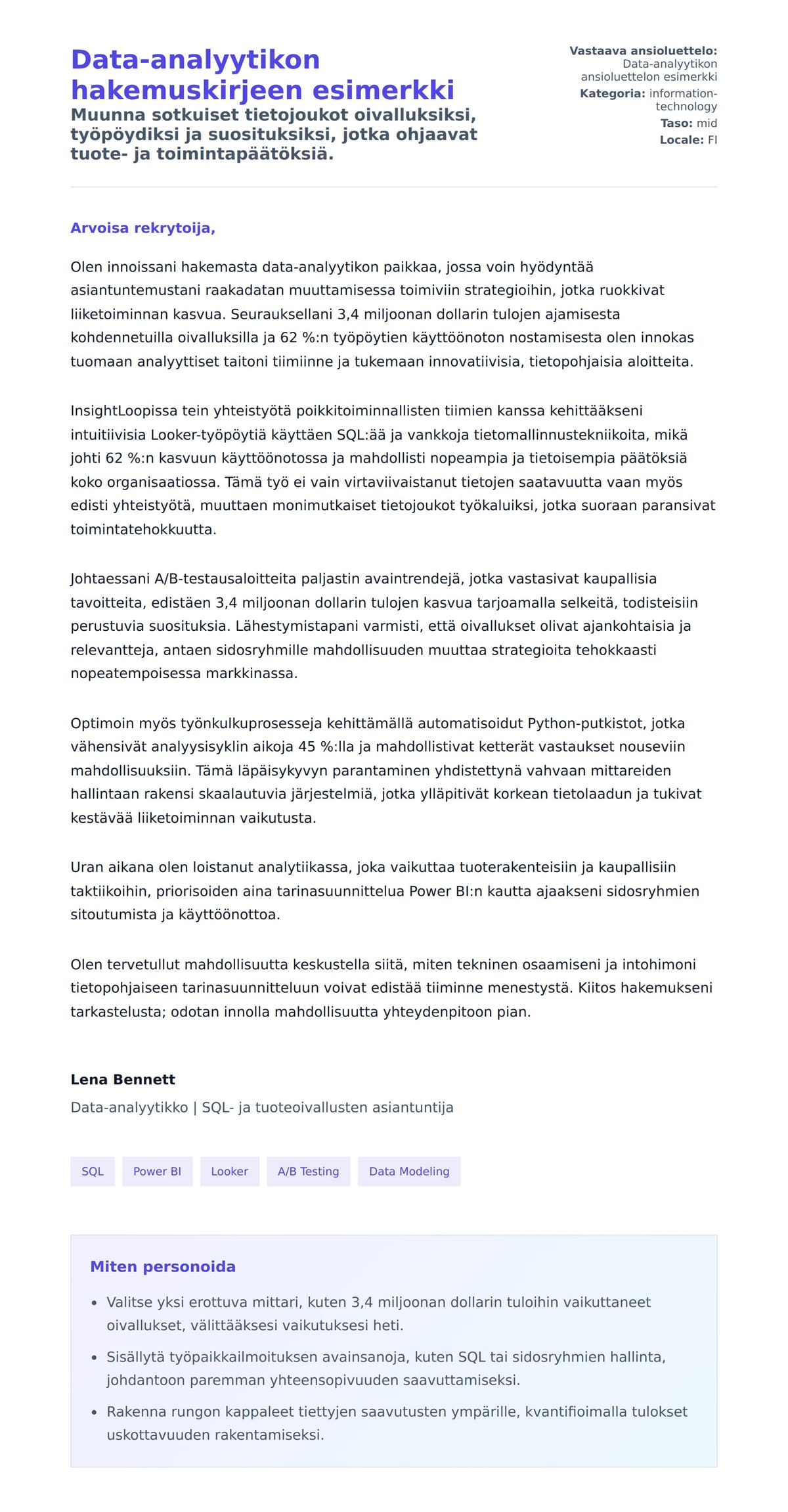 Työhakemuskirjeen esikatselu kohteelle Data-analyytikon hakemuskirjeen esimerkki