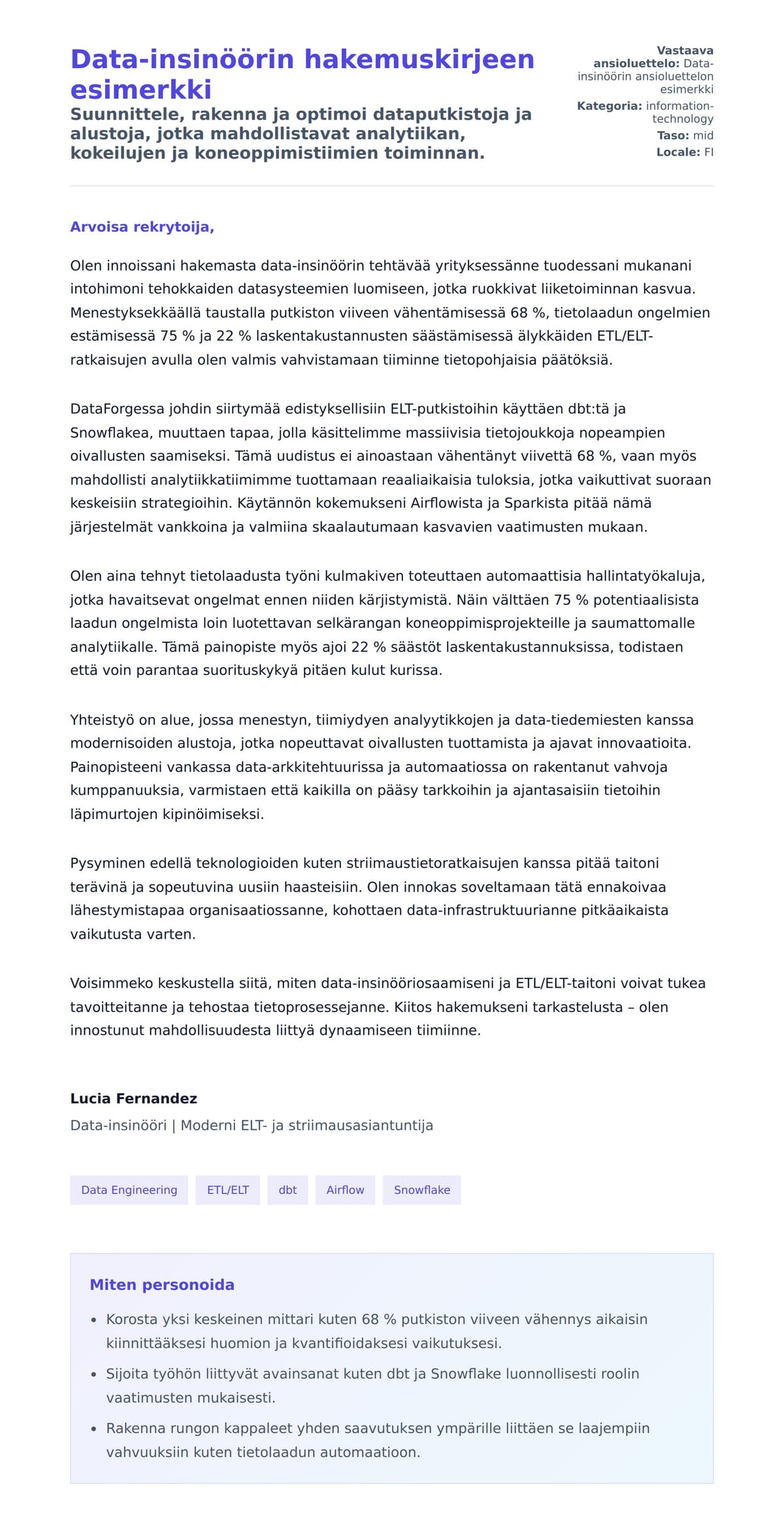 Työhakemuskirjeen esikatselu kohteelle Data-insinöörin hakemuskirjeen esimerkki