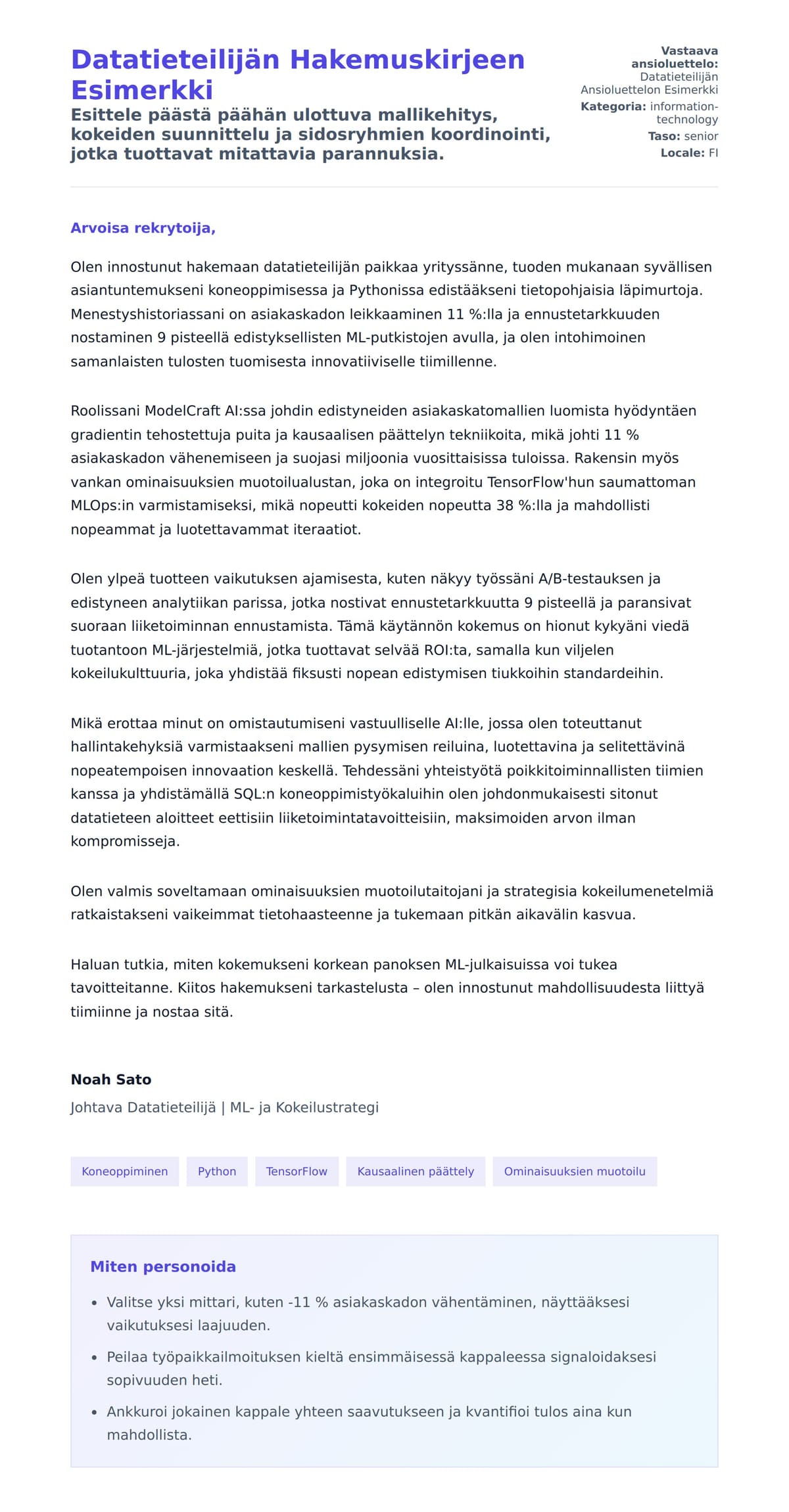 Työhakemuskirjeen esikatselu kohteelle Datatieteilijän Hakemuskirjeen Esimerkki