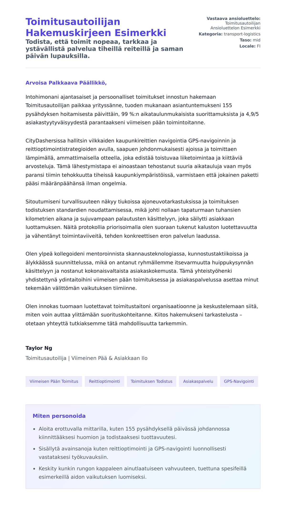 Työhakemuskirjeen esikatselu kohteelle Toimitusautoilijan Hakemuskirjeen Esimerkki