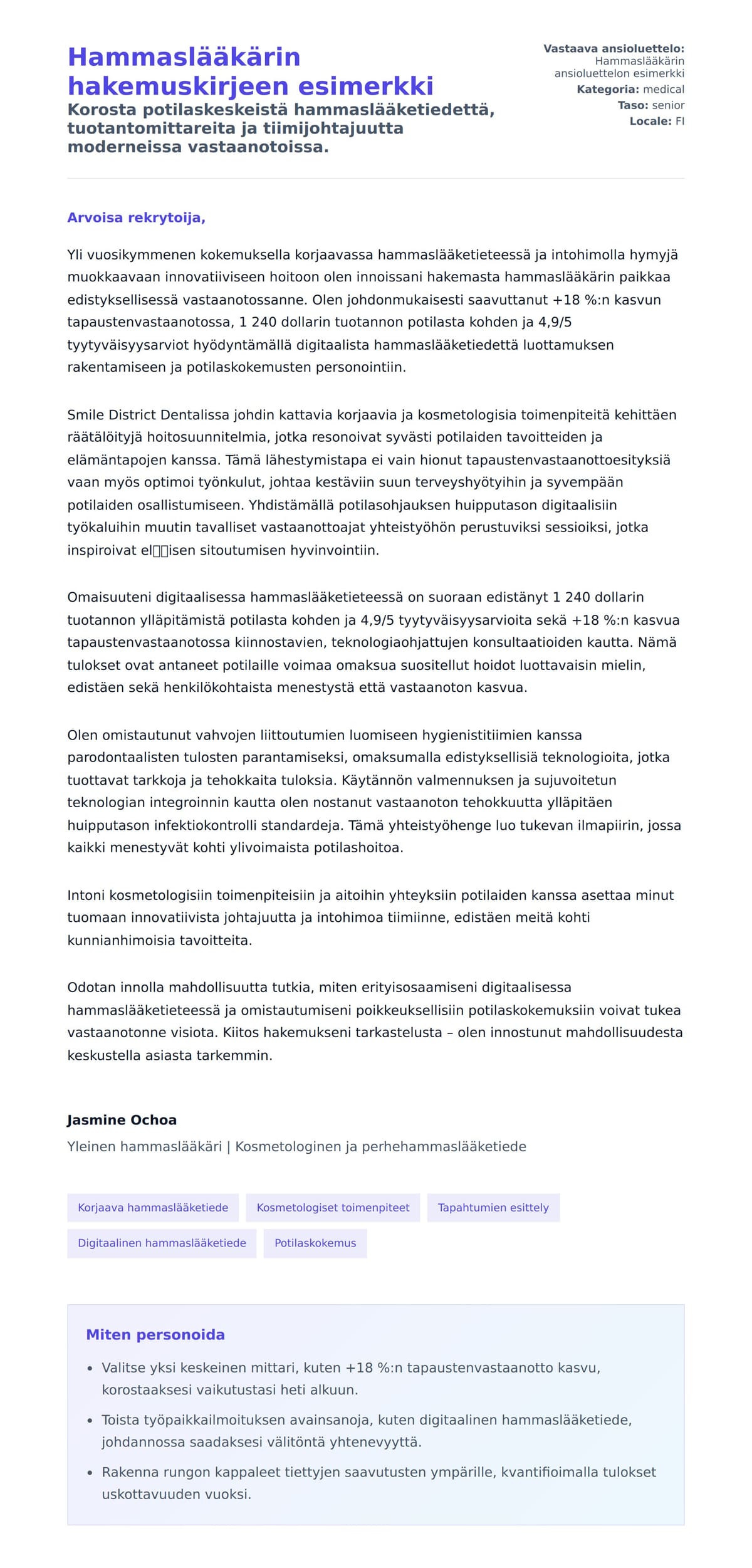 Työhakemuskirjeen esikatselu kohteelle Hammaslääkärin hakemuskirjeen esimerkki