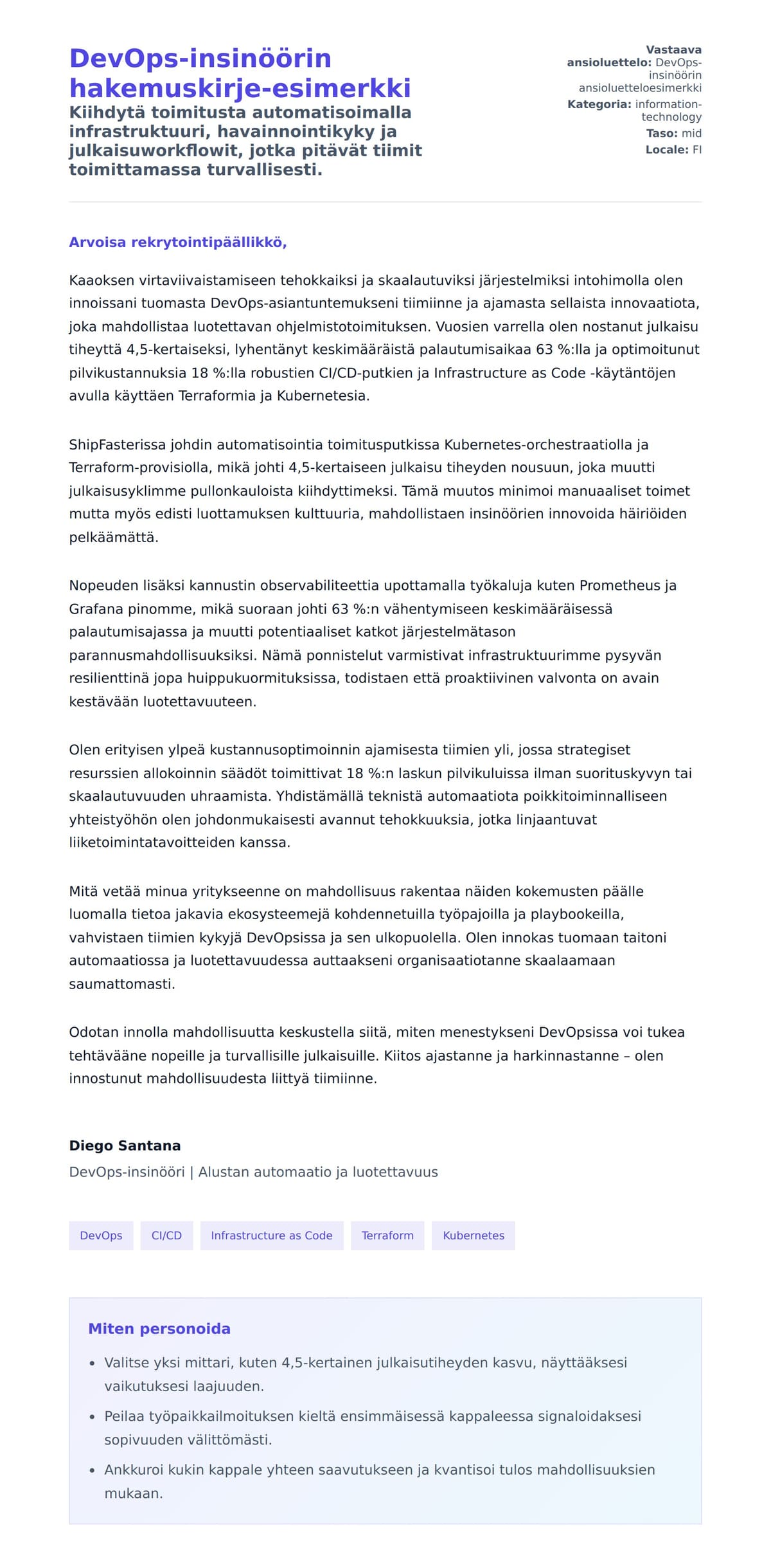 Työhakemuskirjeen esikatselu kohteelle DevOps-insinöörin hakemuskirje-esimerkki