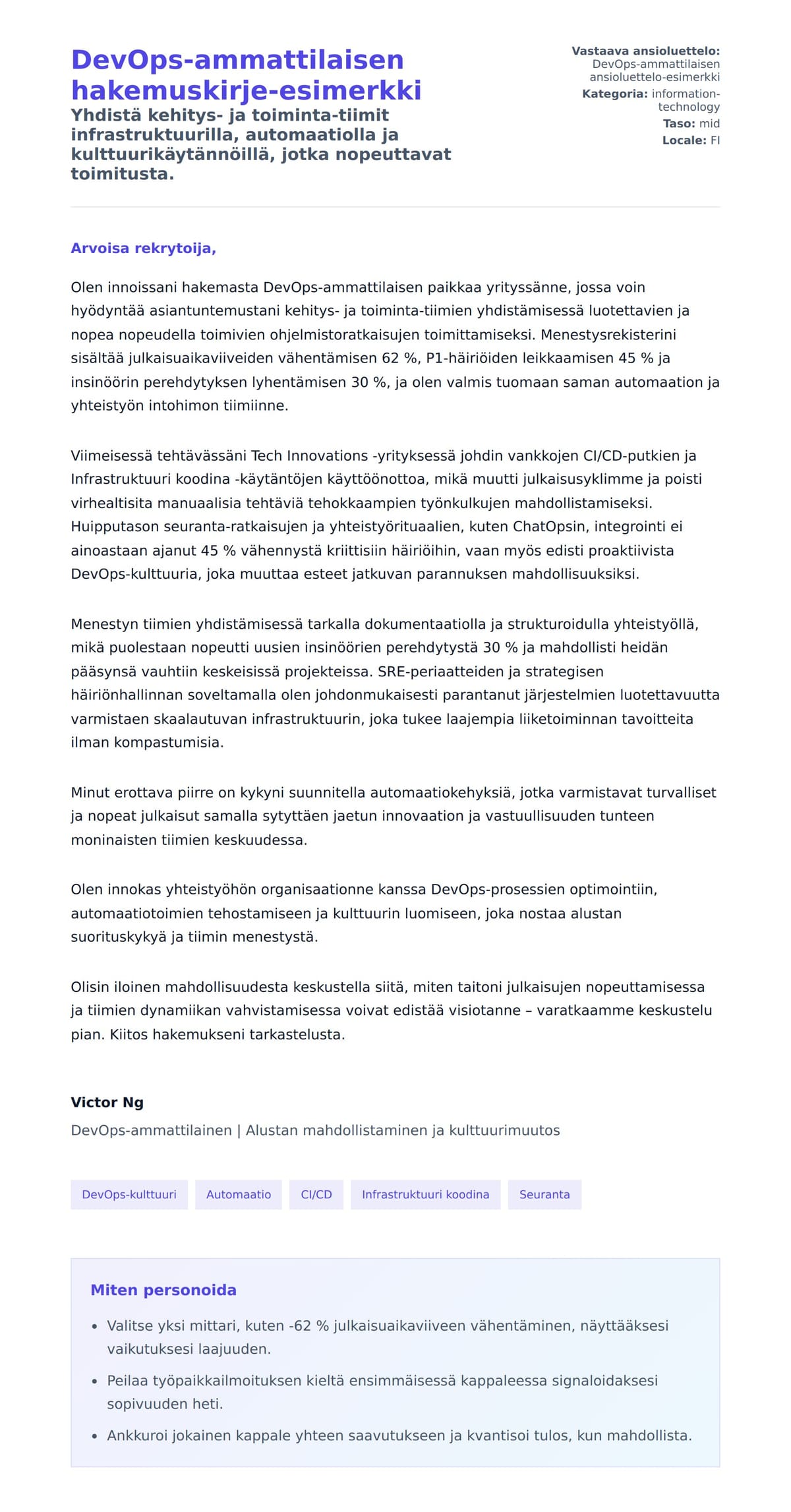 Työhakemuskirjeen esikatselu kohteelle DevOps-ammattilaisen hakemuskirje-esimerkki