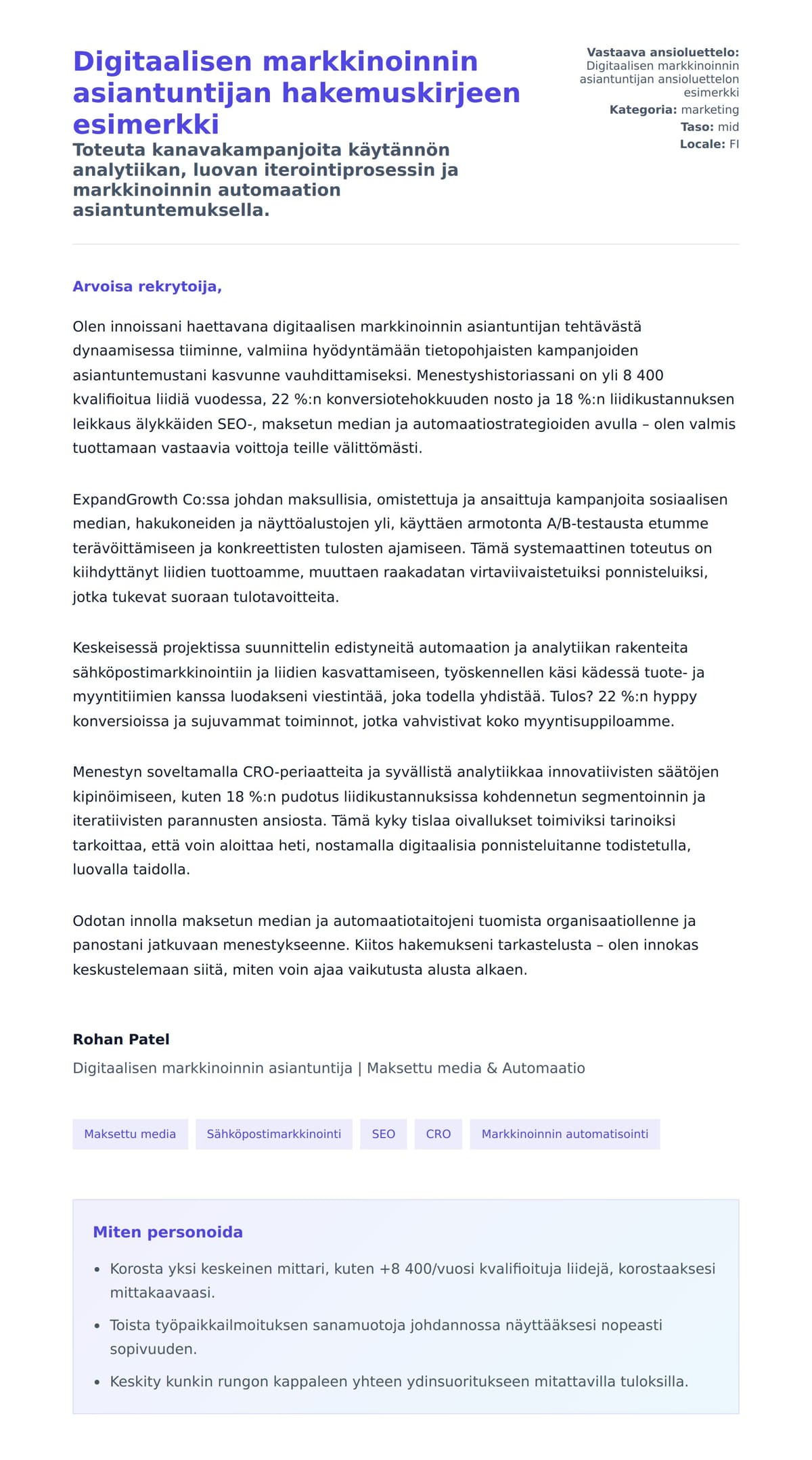 Työhakemuskirjeen esikatselu kohteelle Digitaalisen markkinoinnin asiantuntijan hakemuskirjeen esimerkki