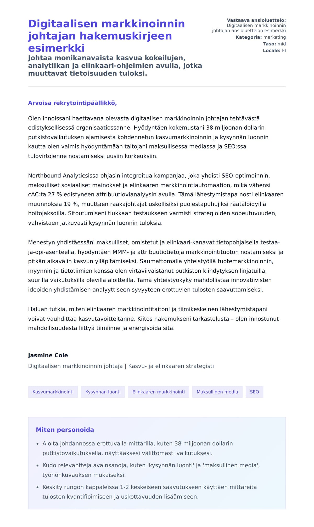Työhakemuskirjeen esikatselu kohteelle Digitaalisen markkinoinnin johtajan hakemuskirjeen esimerkki