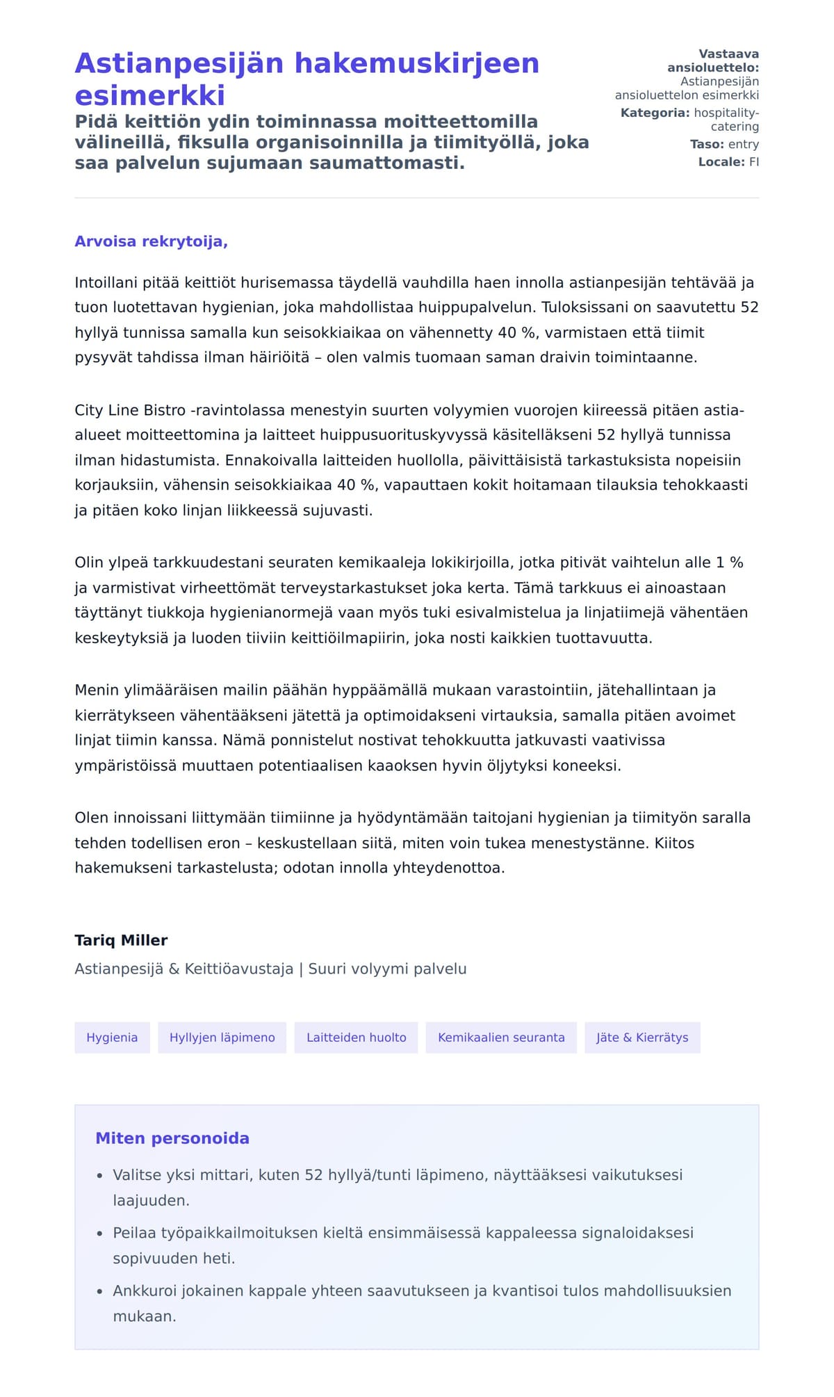 Työhakemuskirjeen esikatselu kohteelle Astianpesijän hakemuskirjeen esimerkki
