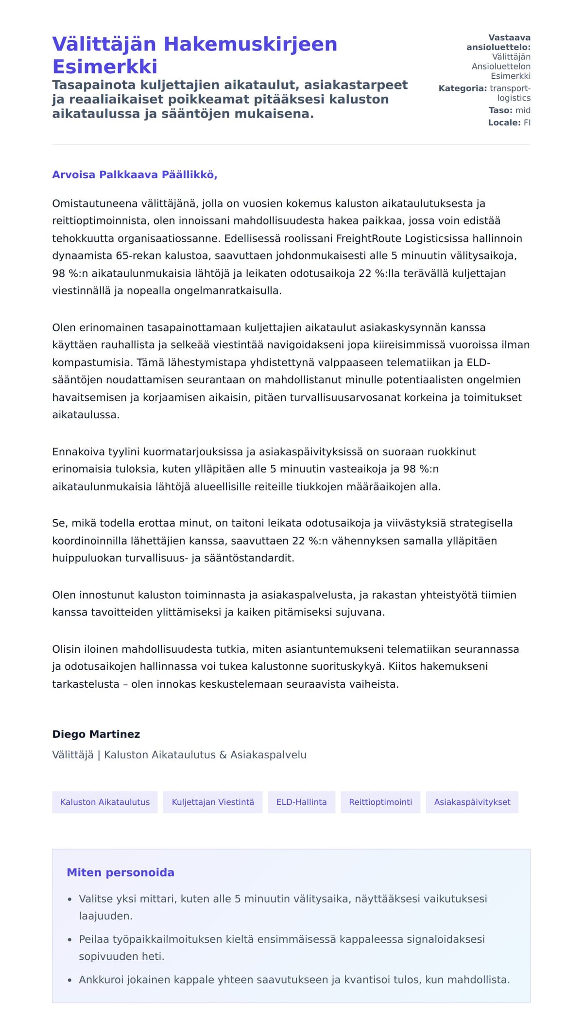 Työhakemuskirjeen esikatselu kohteelle Välittäjän Hakemuskirjeen Esimerkki