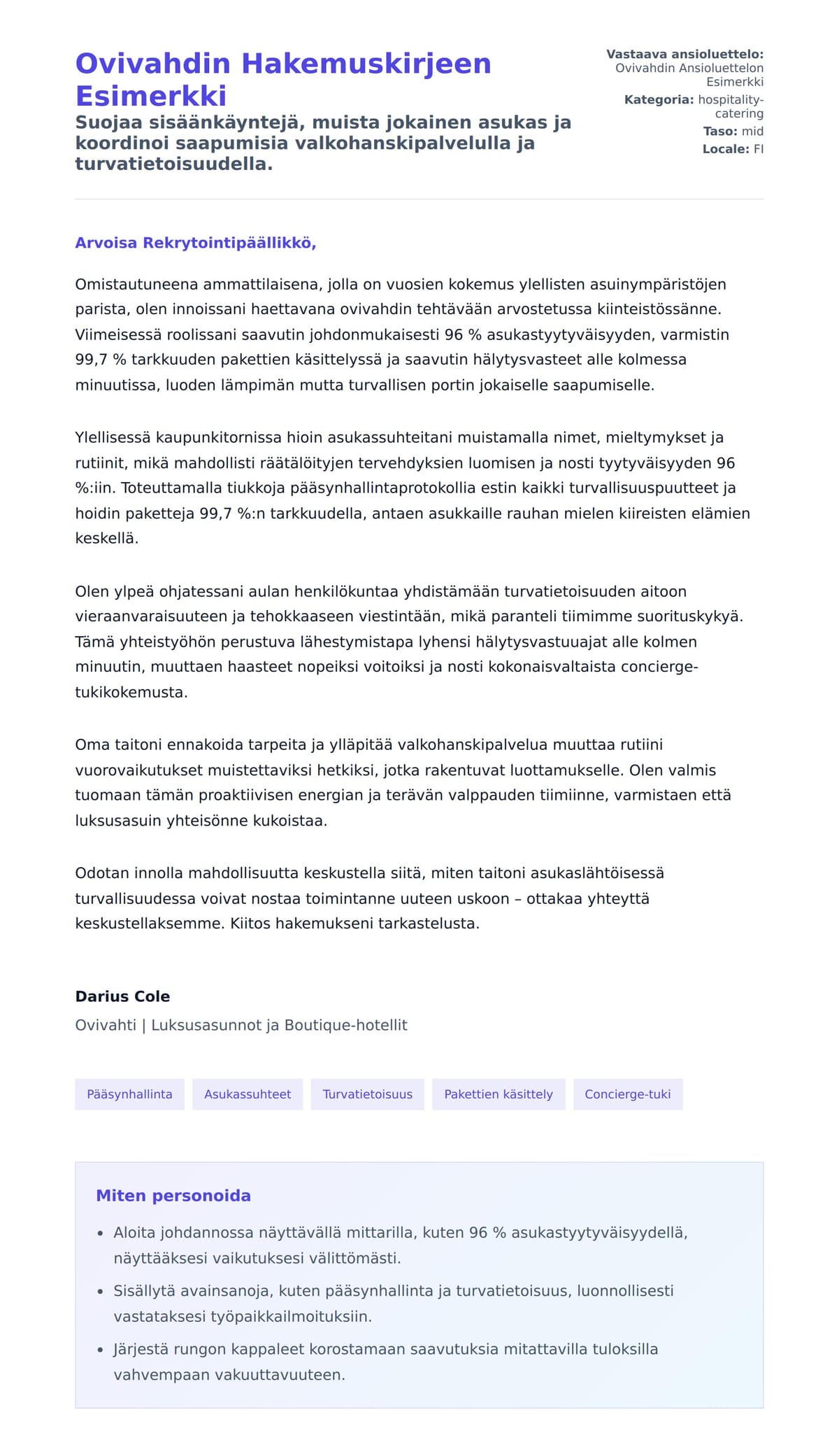Työhakemuskirjeen esikatselu kohteelle Ovivahdin Hakemuskirjeen Esimerkki