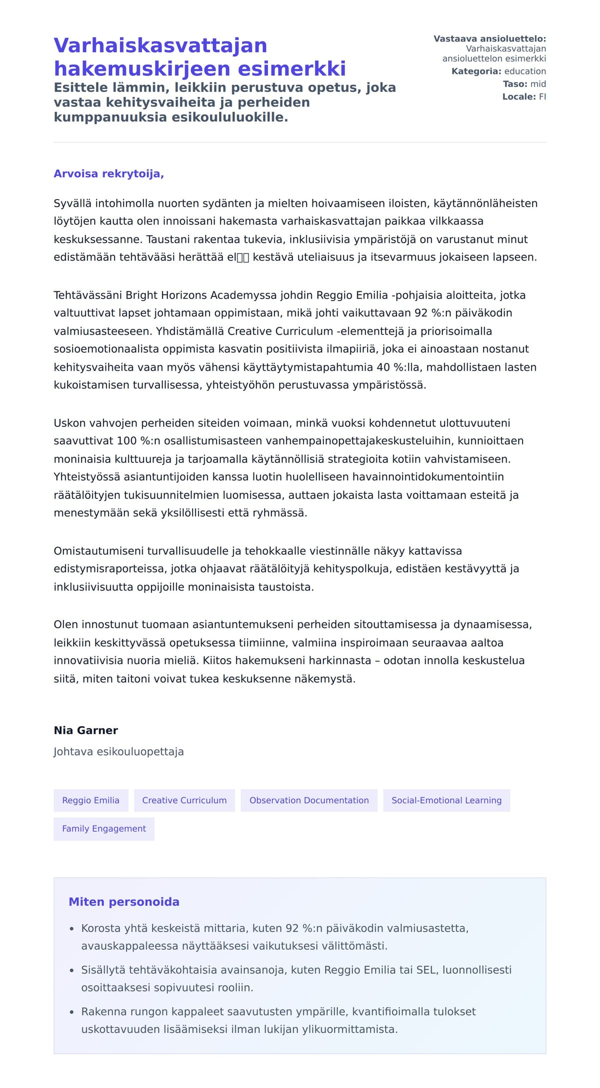 Työhakemuskirjeen esikatselu kohteelle Varhaiskasvattajan hakemuskirjeen esimerkki