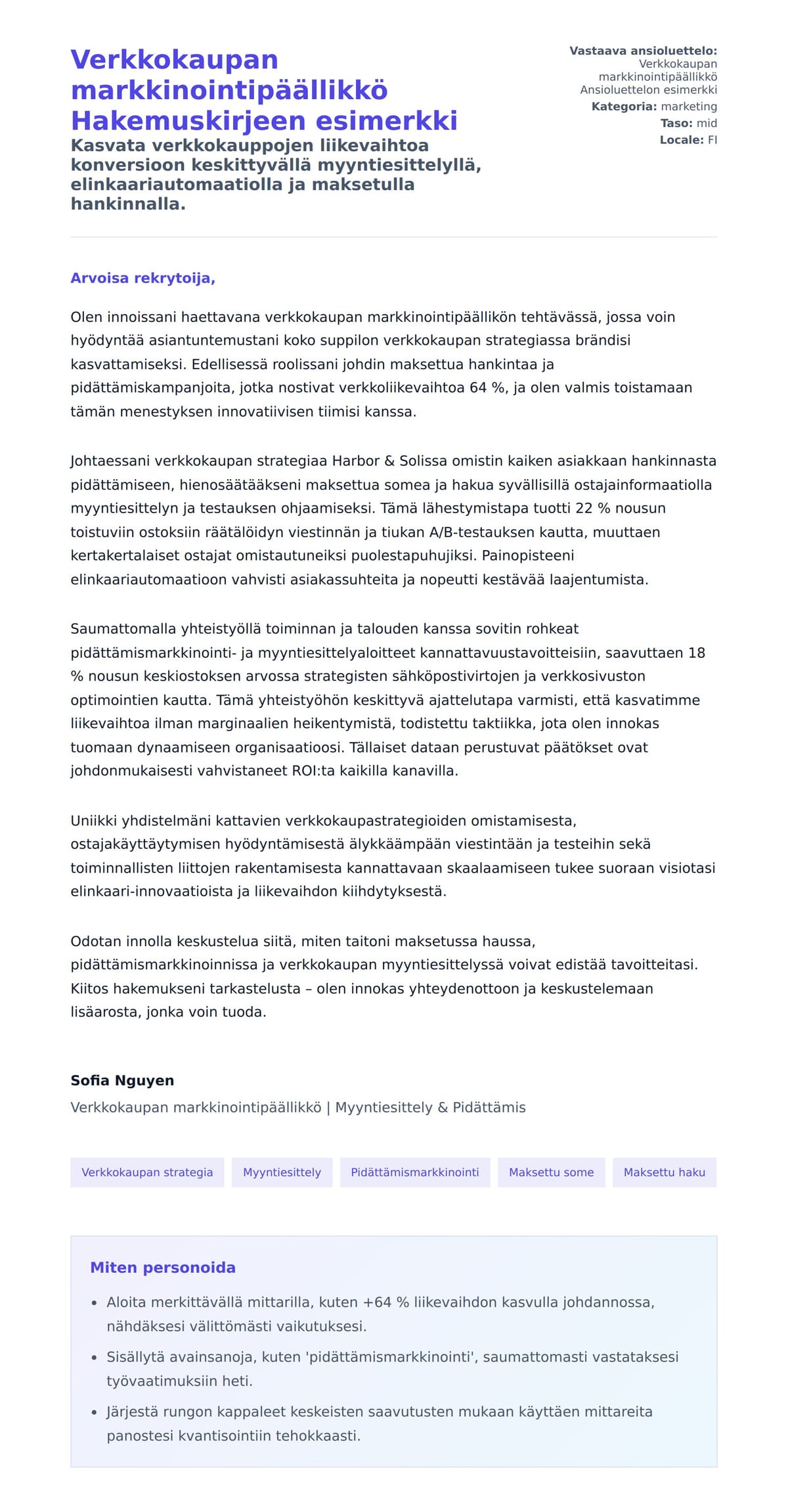 Työhakemuskirjeen esikatselu kohteelle Verkkokaupan markkinointipäällikkö Hakemuskirjeen esimerkki