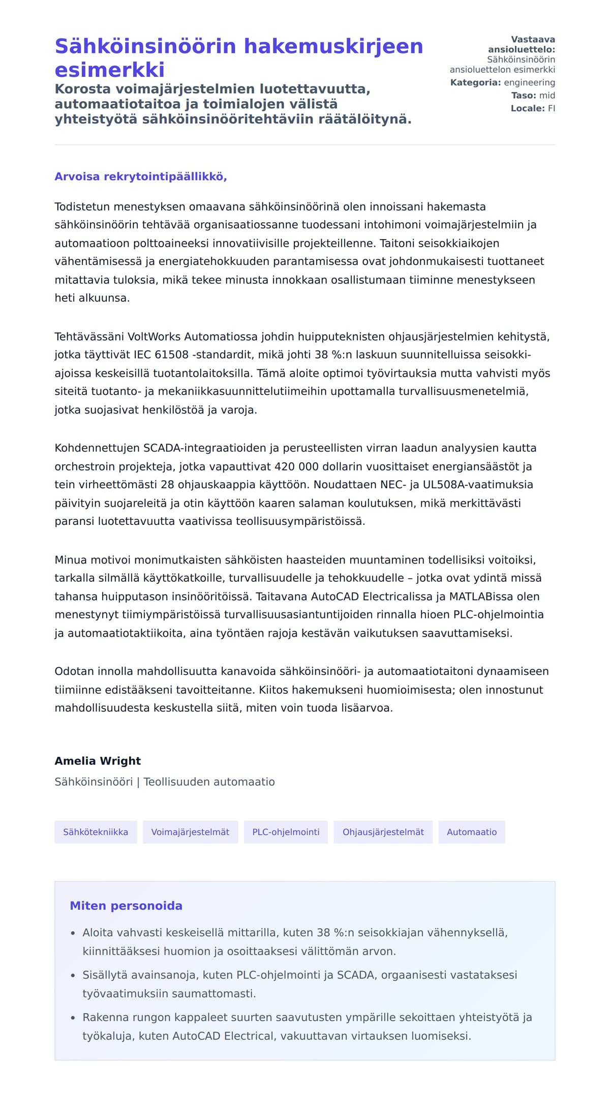 Työhakemuskirjeen esikatselu kohteelle Sähköinsinöörin hakemuskirjeen esimerkki