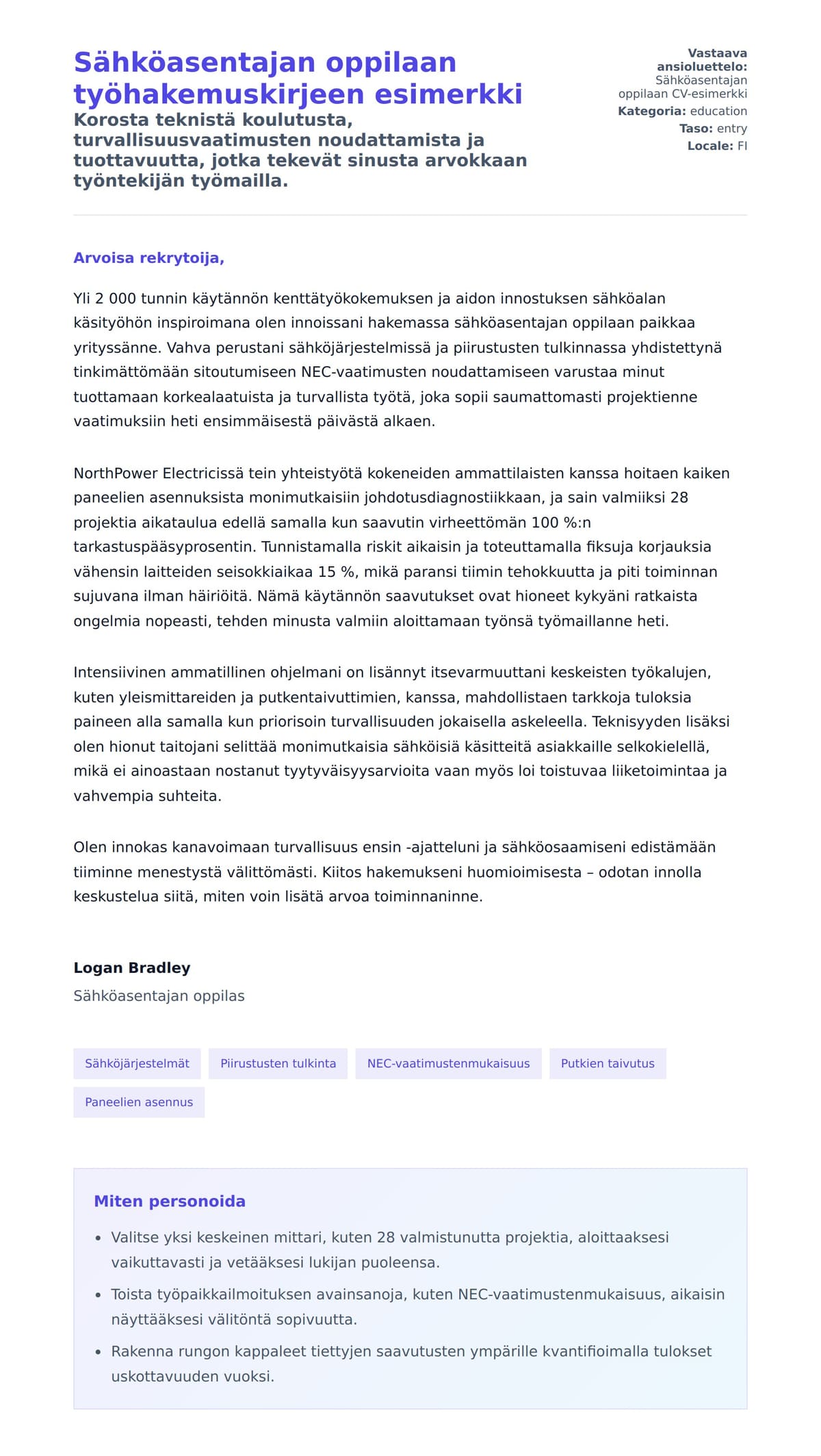 Työhakemuskirjeen esikatselu kohteelle Sähköasentajan oppilaan työhakemuskirjeen esimerkki