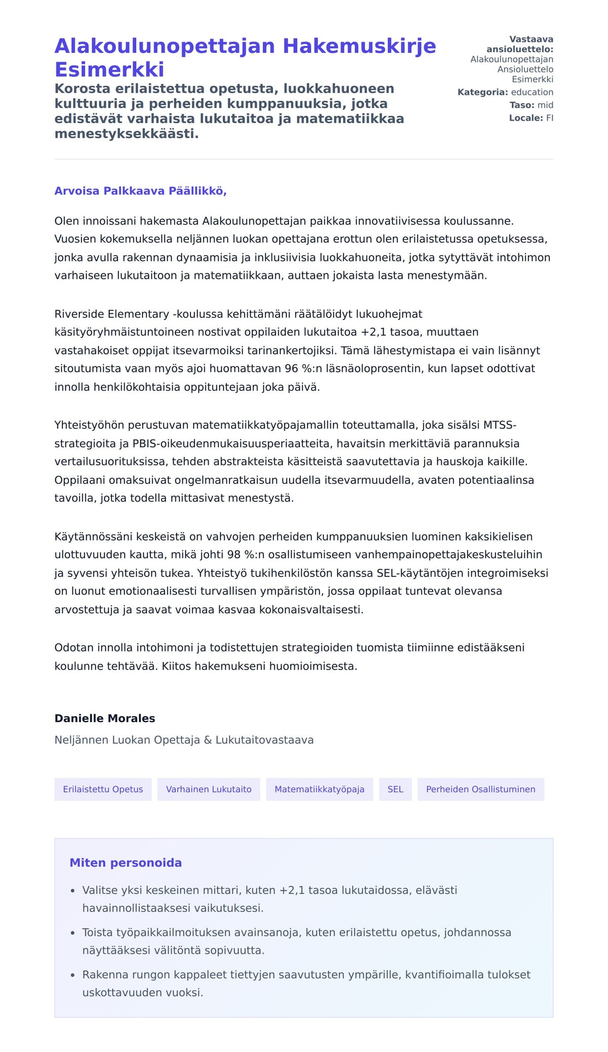 Työhakemuskirjeen esikatselu kohteelle Alakoulunopettajan Hakemuskirje Esimerkki