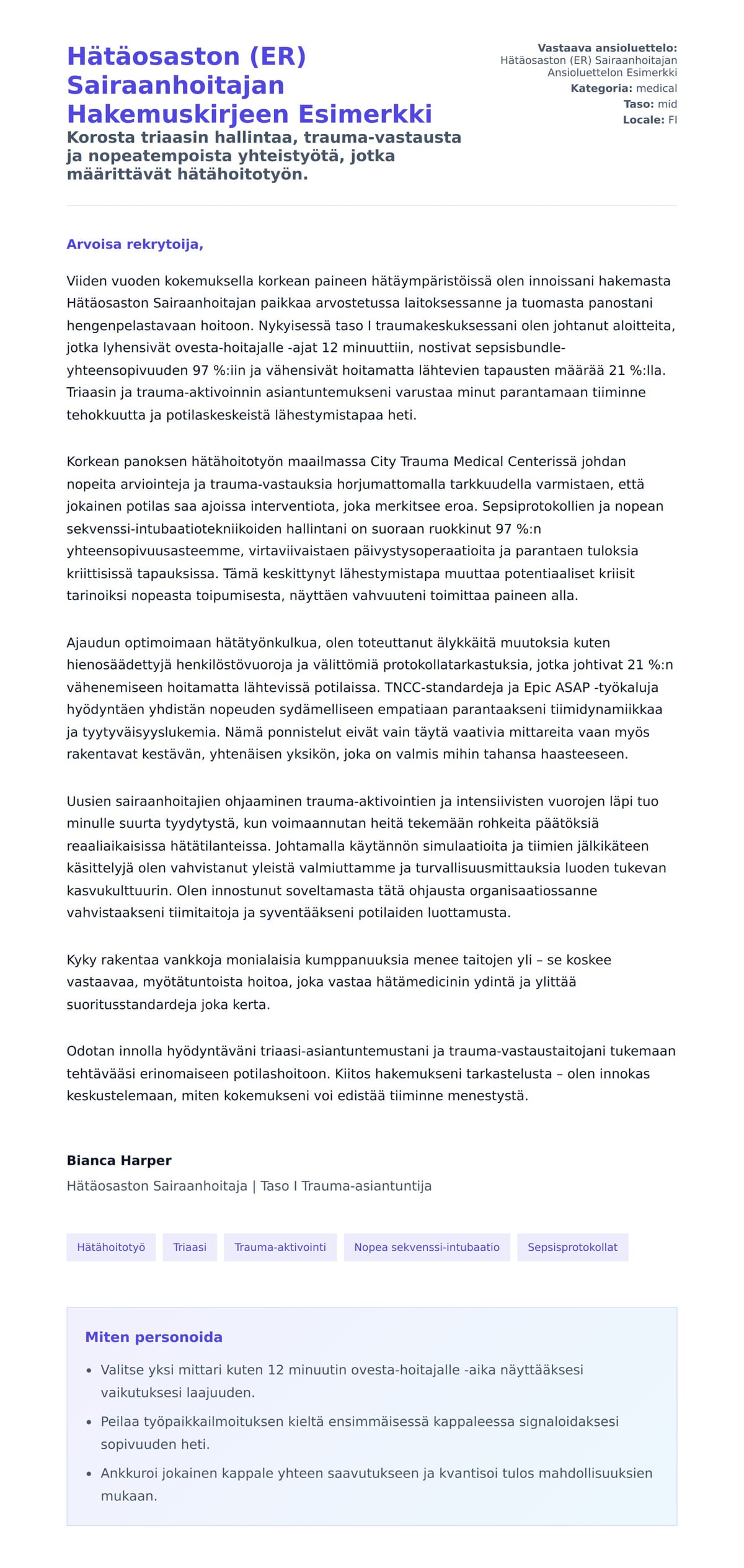 Työhakemuskirjeen esikatselu kohteelle Hätäosaston (ER) Sairaanhoitajan Hakemuskirjeen Esimerkki