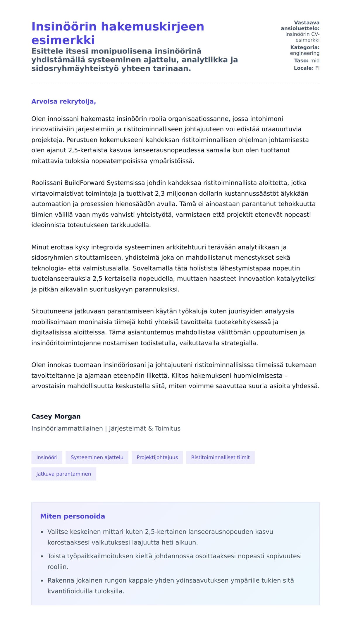 Työhakemuskirjeen esikatselu kohteelle Insinöörin hakemuskirjeen esimerkki
