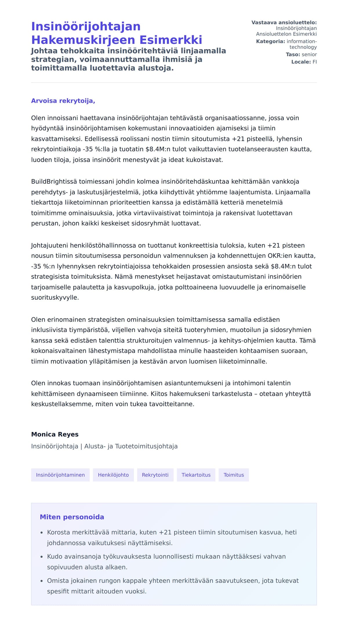 Työhakemuskirjeen esikatselu kohteelle Insinöörijohtajan Hakemuskirjeen Esimerkki