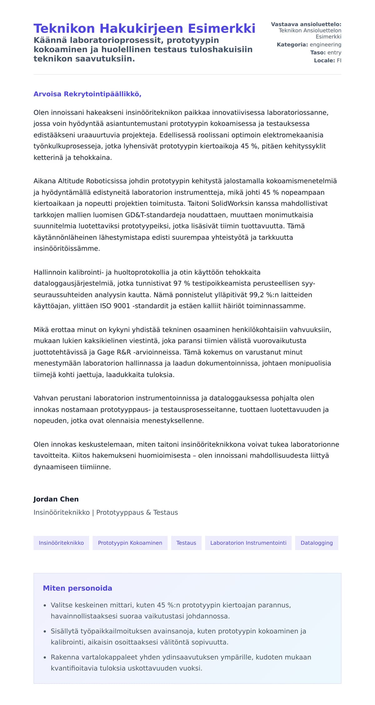 Työhakemuskirjeen esikatselu kohteelle Teknikon Hakukirjeen Esimerkki