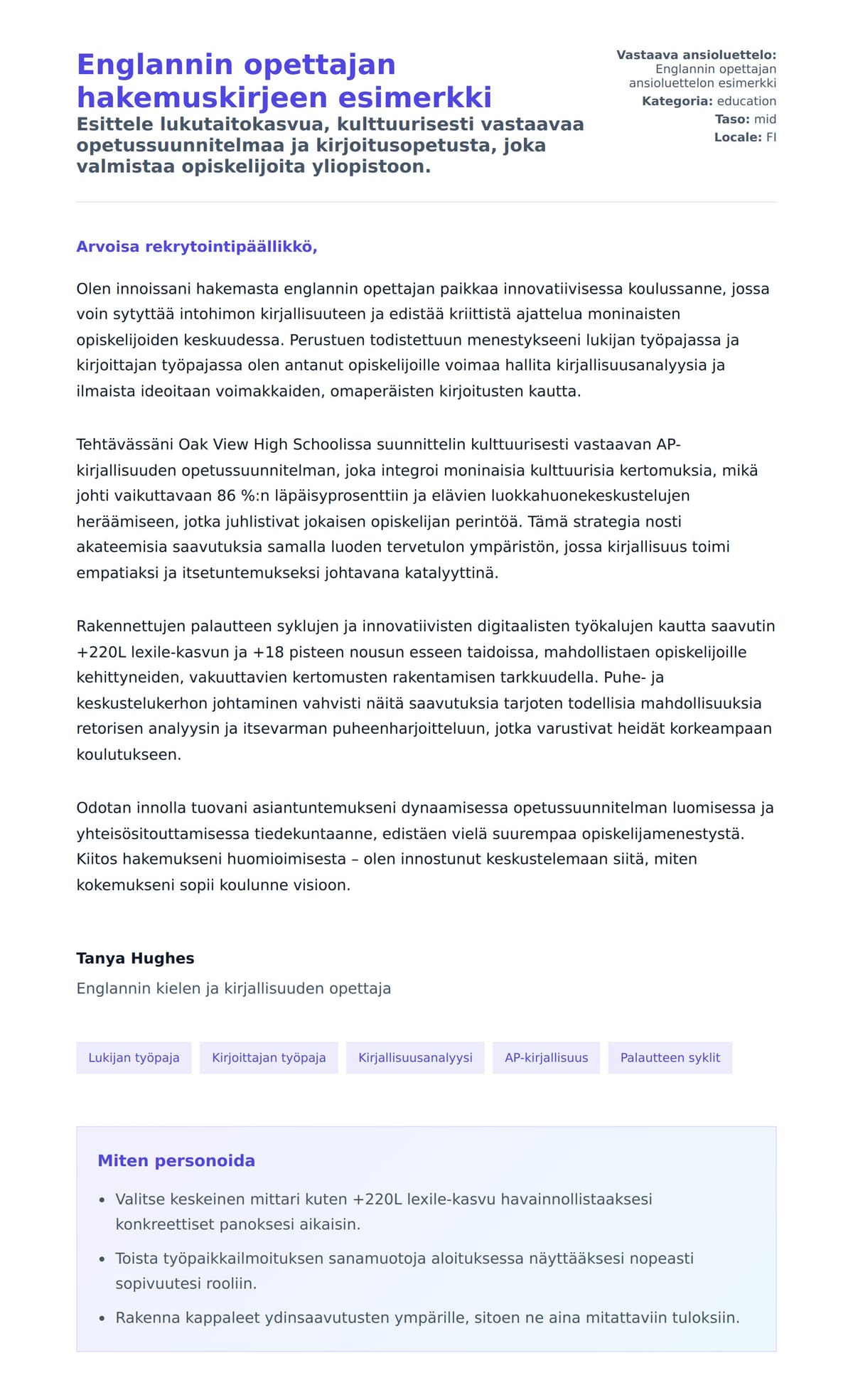 Työhakemuskirjeen esikatselu kohteelle Englannin opettajan hakemuskirjeen esimerkki